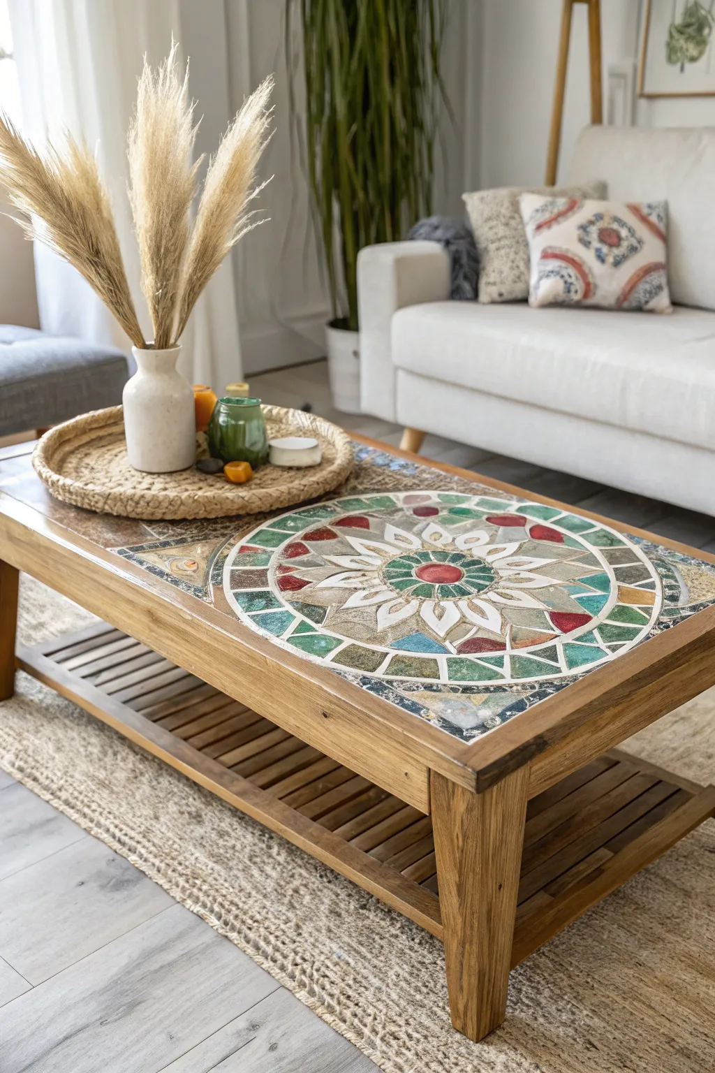 Transform your space with an eco-friendly mosaic coffee table—a masterpiece of repurposed beauty.