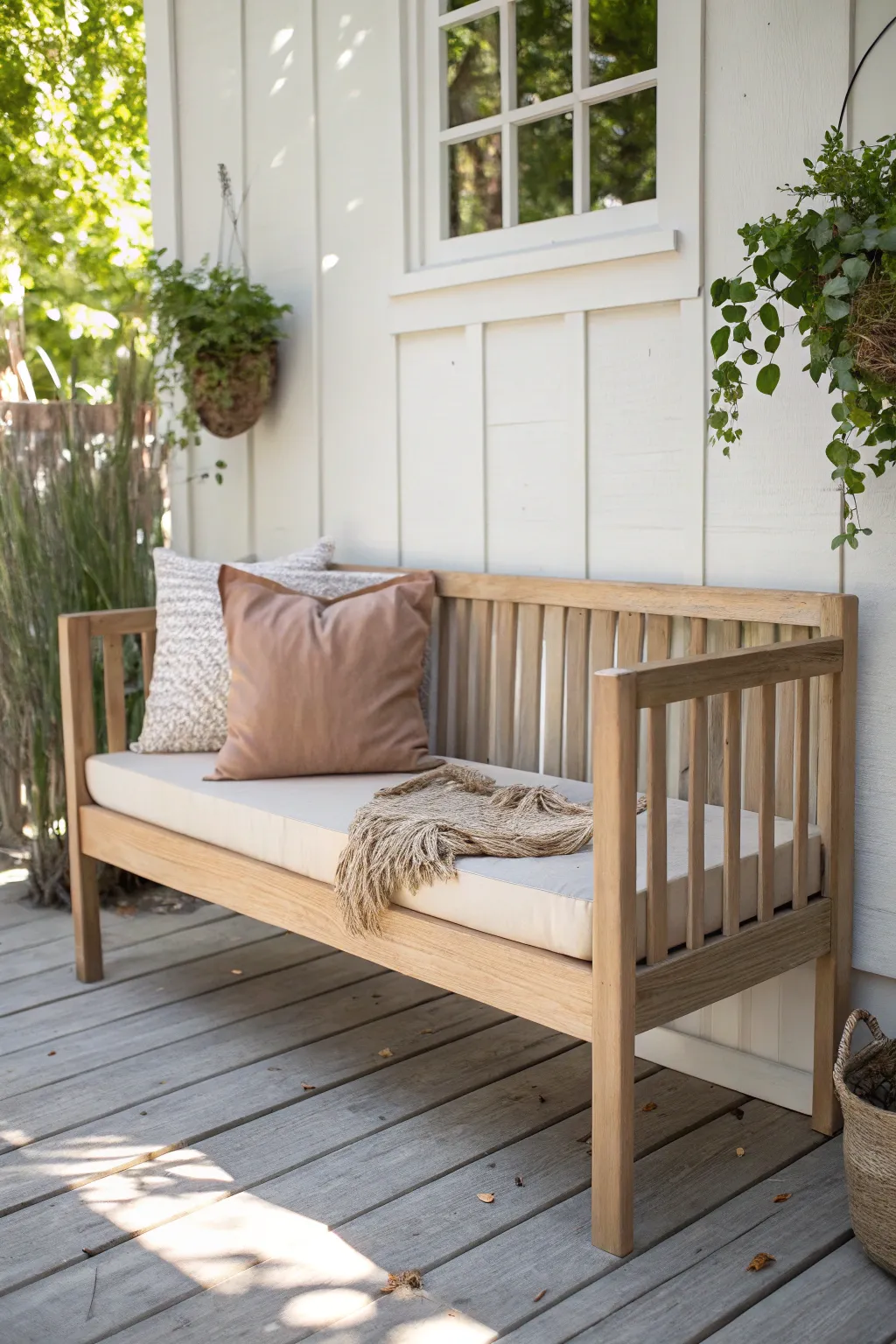 Transform your porch with a touch of Scandinavian-Boho charm using a repurposed crib bench.
