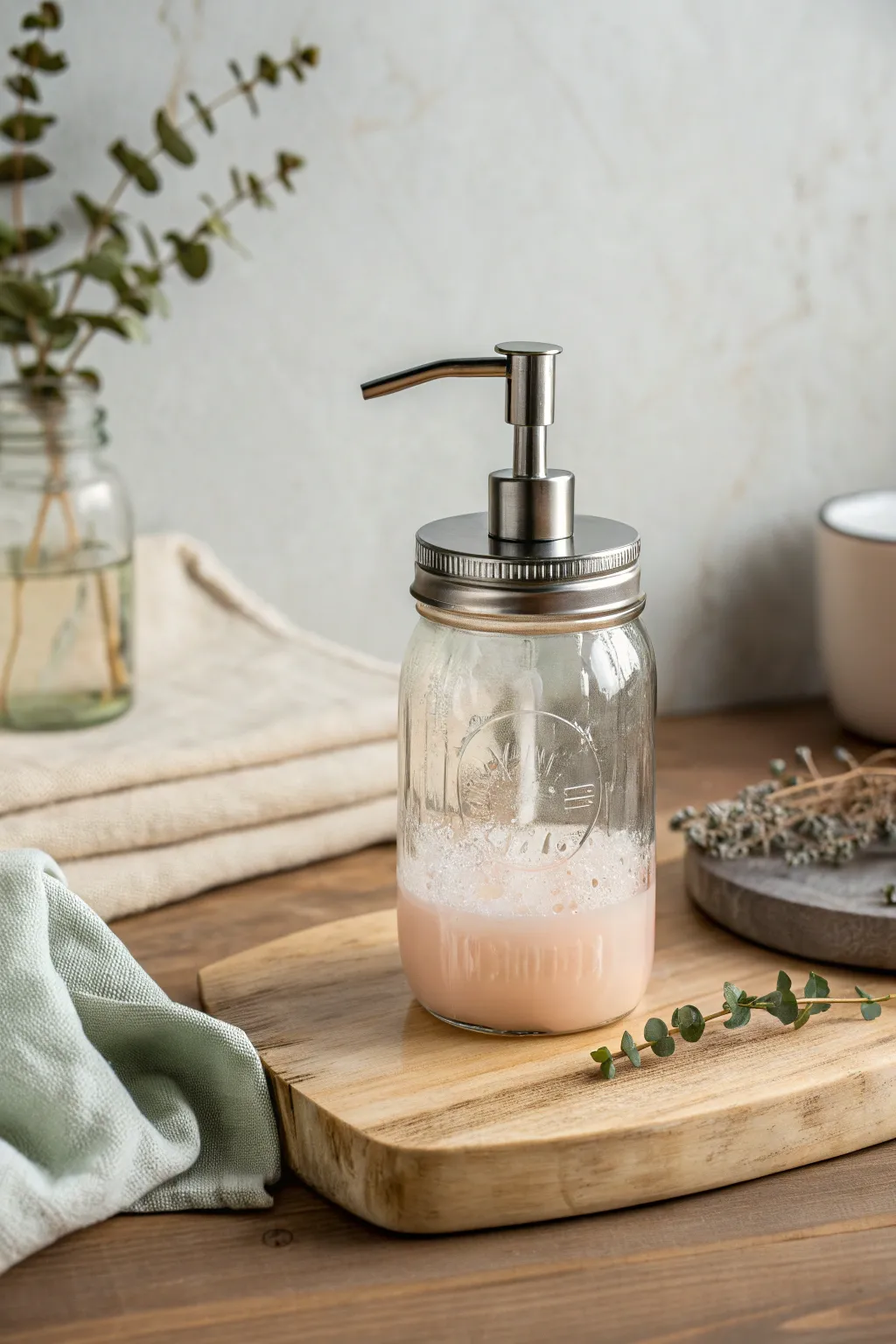 Elevate your space with a touch of rustic elegance: repurposed mason jars as chic soap dispensers.