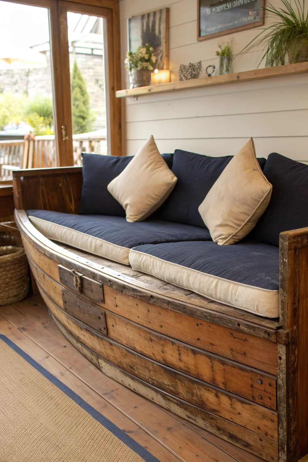Sink into comfort with this unique upcycled boat couch, where craftsmanship meets cozy elegance.