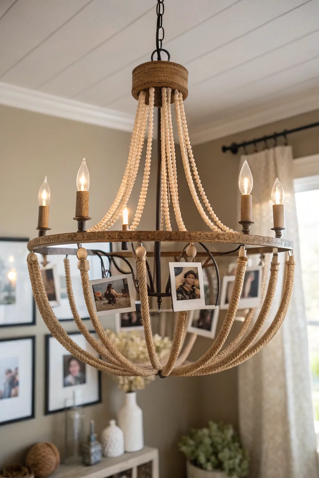 Transform your memories into art with this stunning upcycled chandelier photo display.