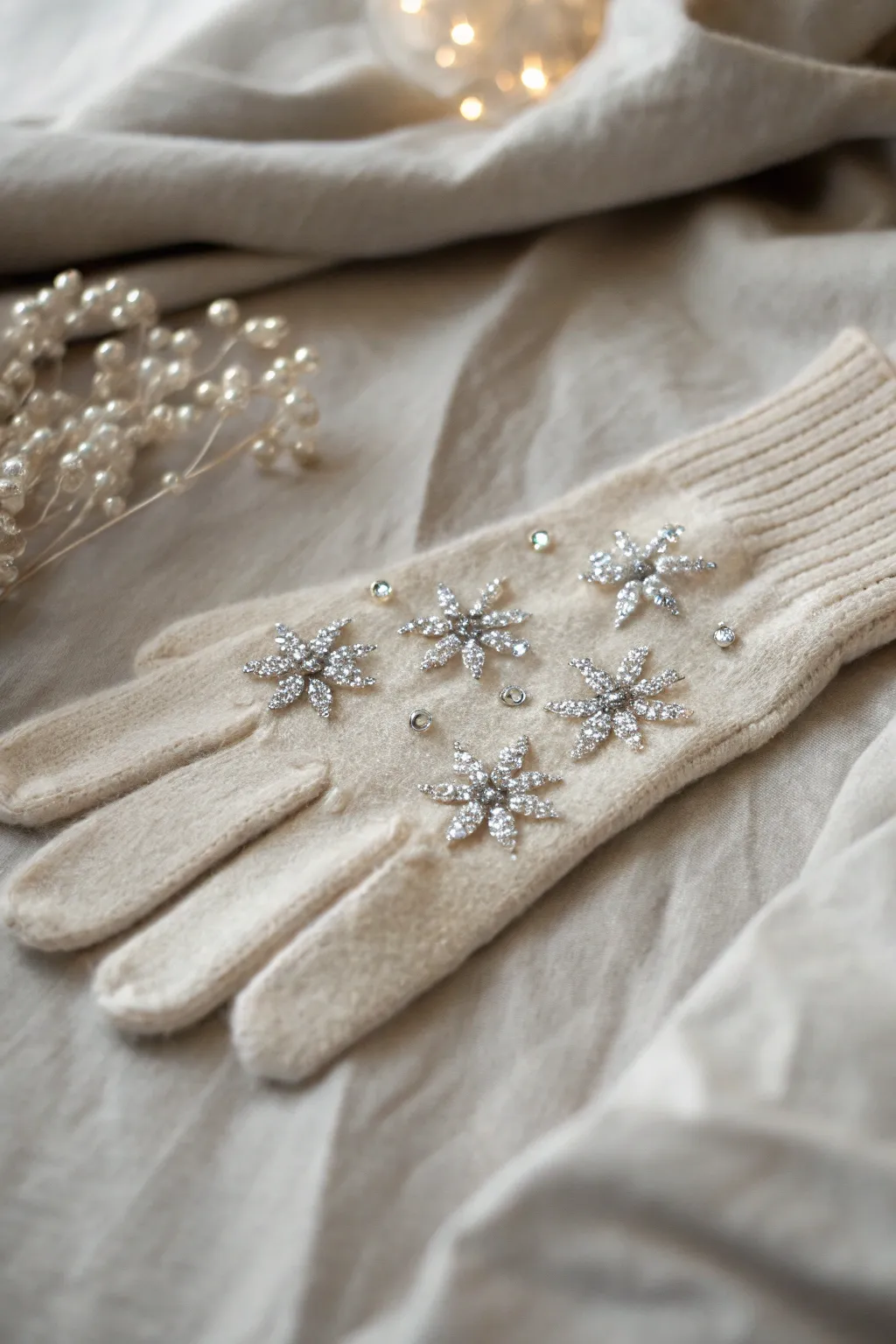 Elevate your winter style with dazzling rhinestone-adorned gloves.