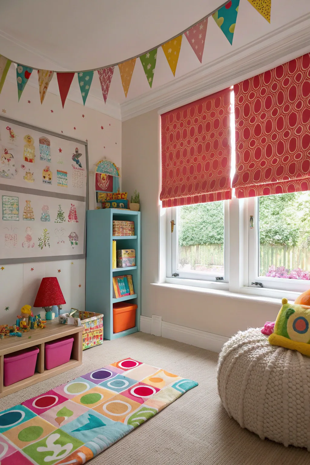 Colorful Roman shades add playfulness to this kids' room.