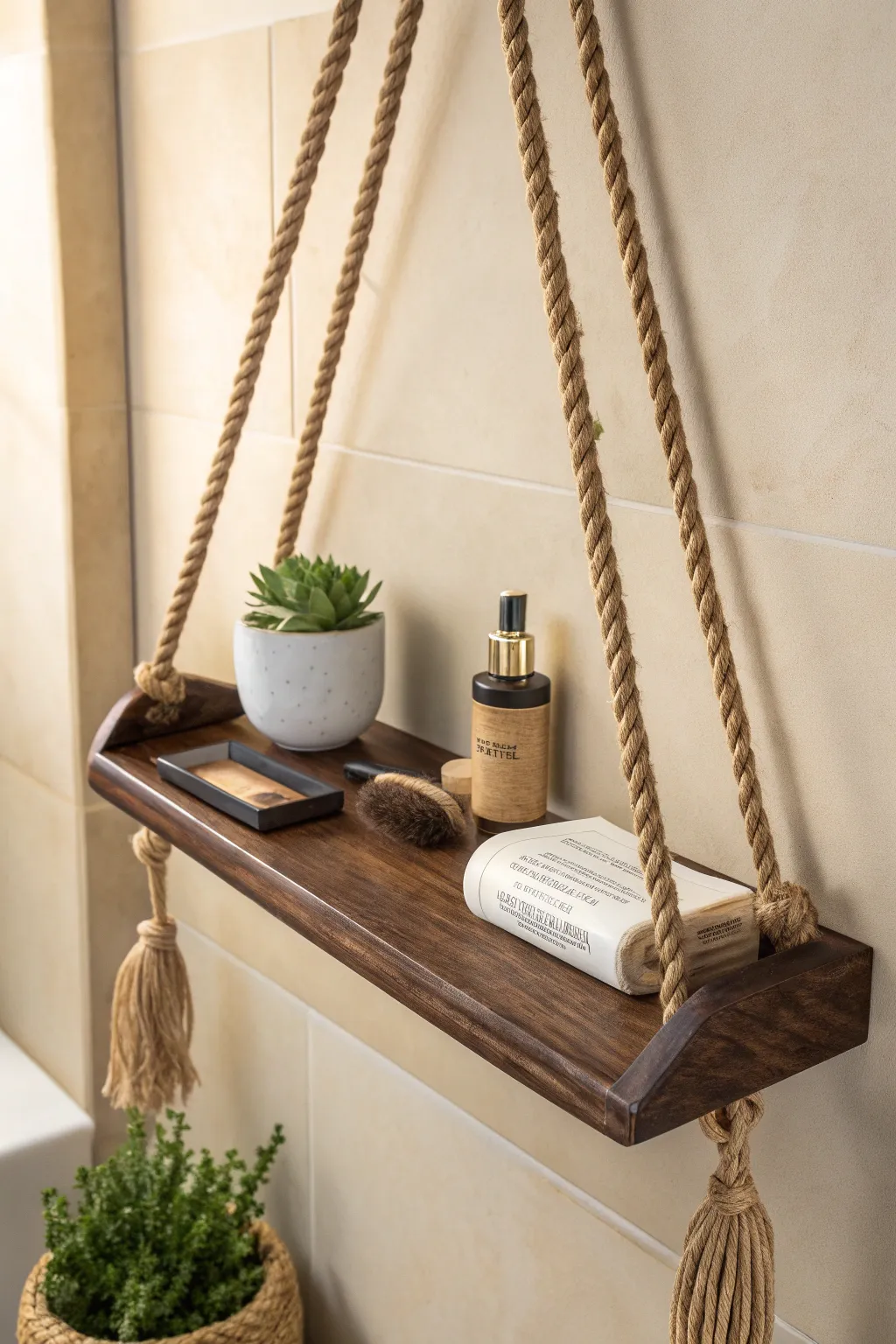 Elevate your bathroom style with a sophisticated floating vanity rope shelf.