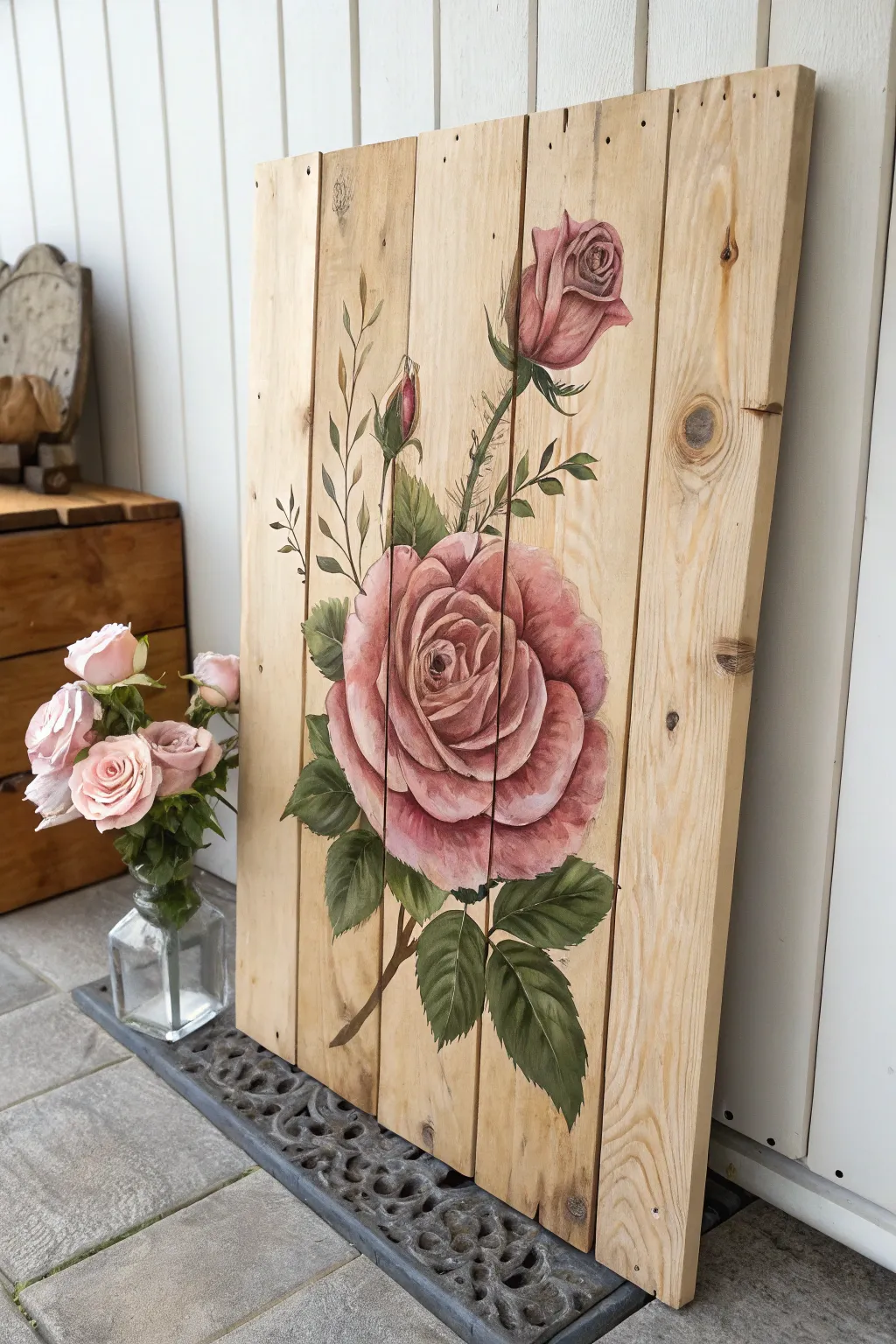 Embrace rustic elegance with a rose painting that blooms on wooden panels, where nature meets artistry.