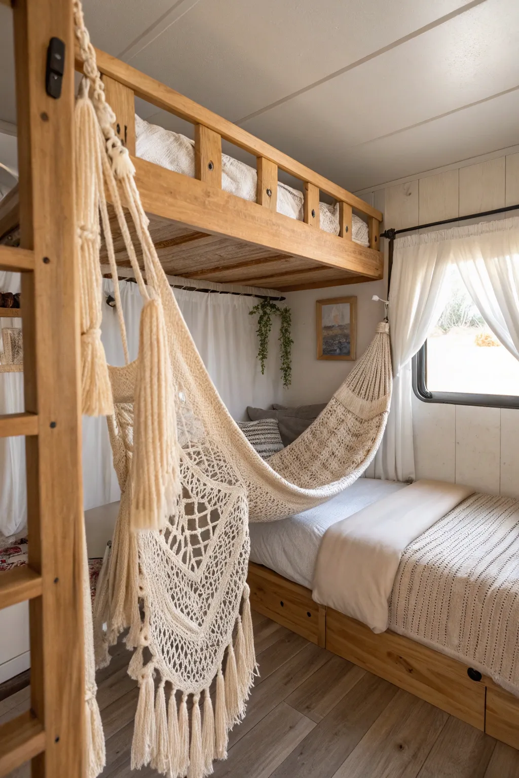 Transform your RV bunk room into a boho sanctuary with natural textures and cozy vibes.
