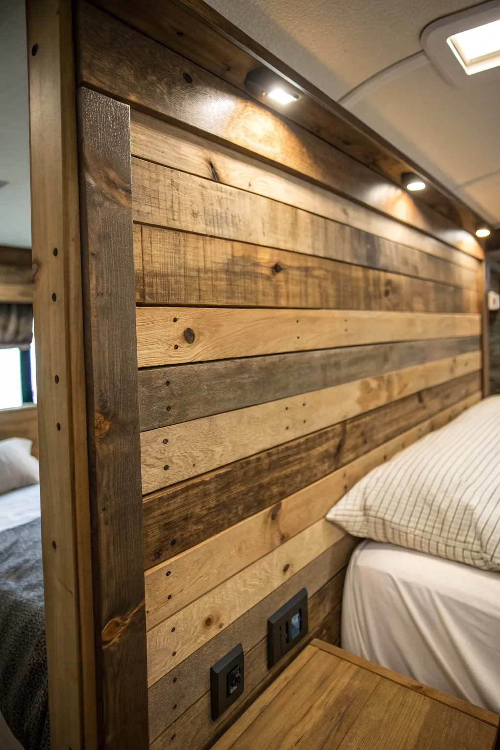 Transform your RV space with the charm of a reclaimed pallet board headboard, blending sustainability with style.