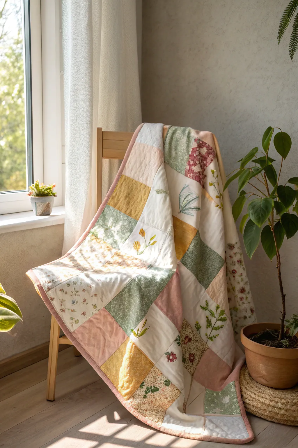 Embrace the art of quilting with a cozy patchwork masterpiece that brings warmth and charm to any minimalist space.
