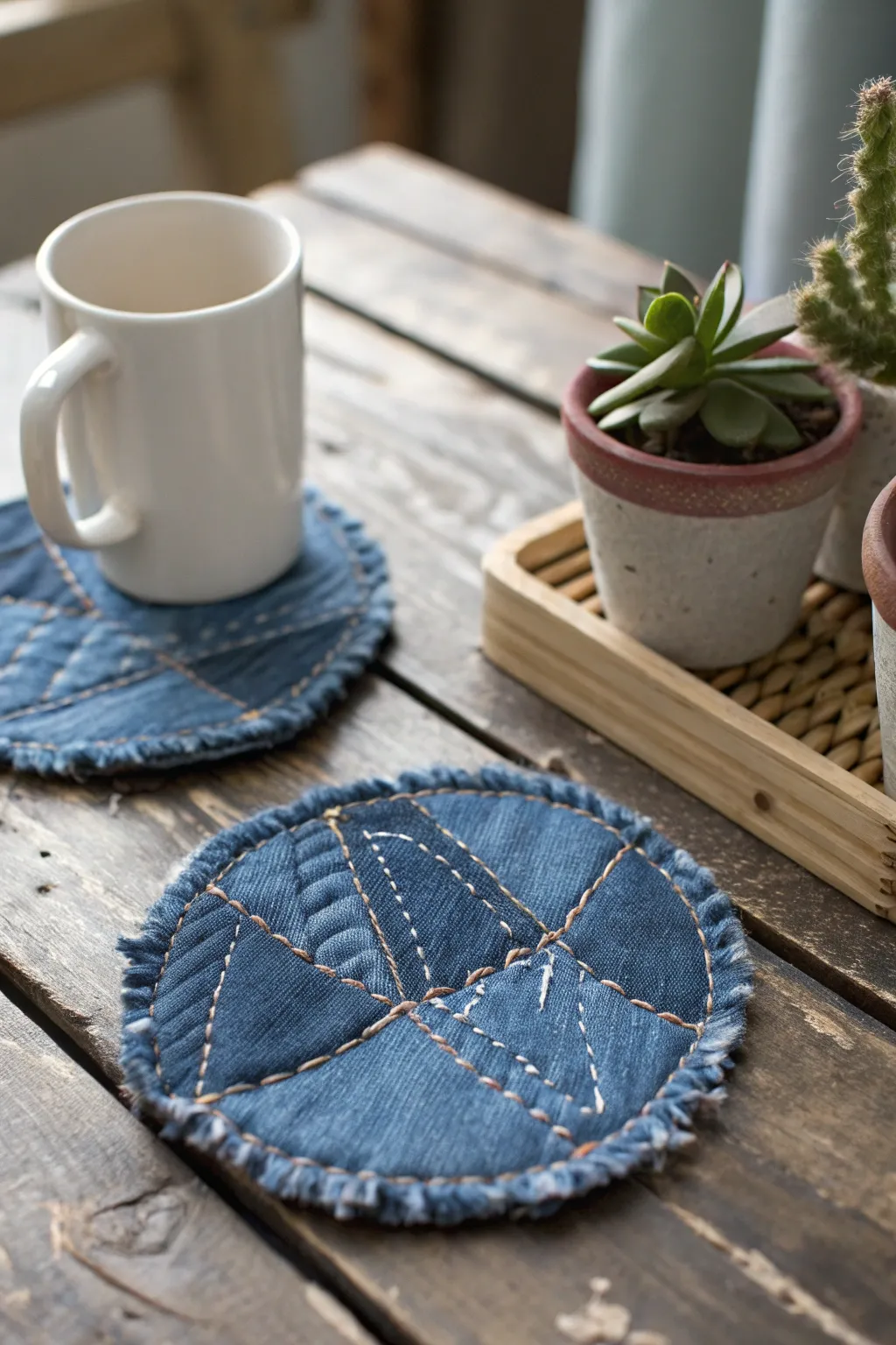 Transform your old jeans into chic denim coasters. Craftsmanship meets sustainability.