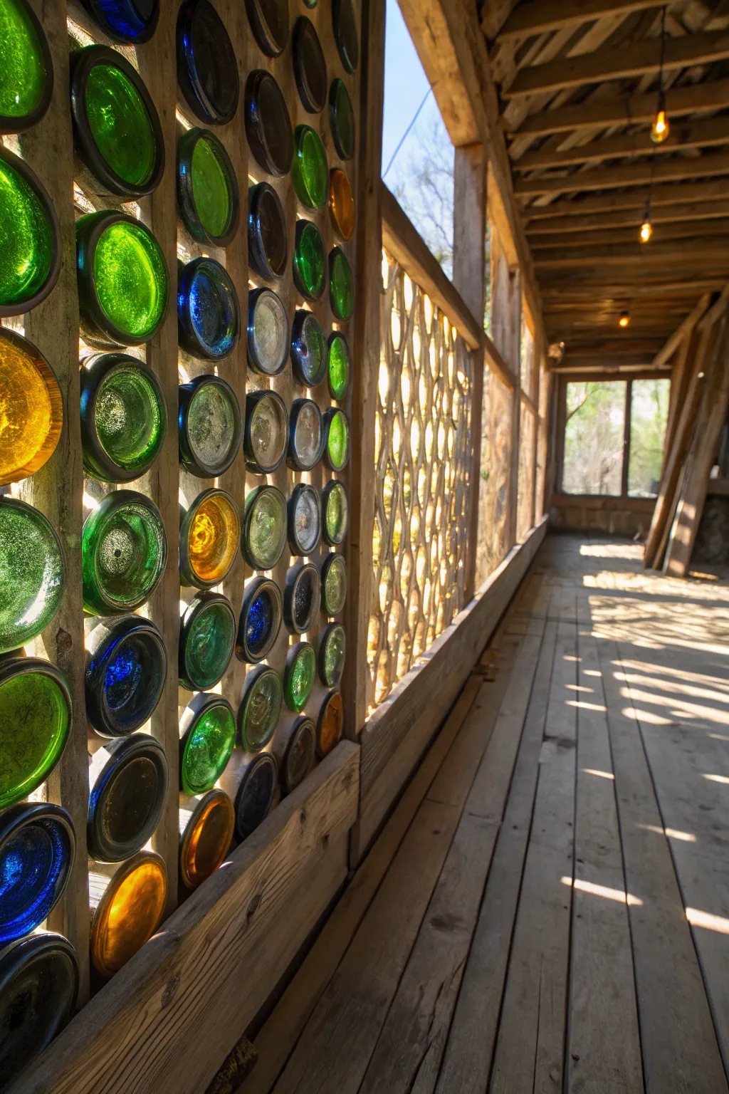 Illuminate your space with a handcrafted glass bottle wall, where sustainability meets stunning design.