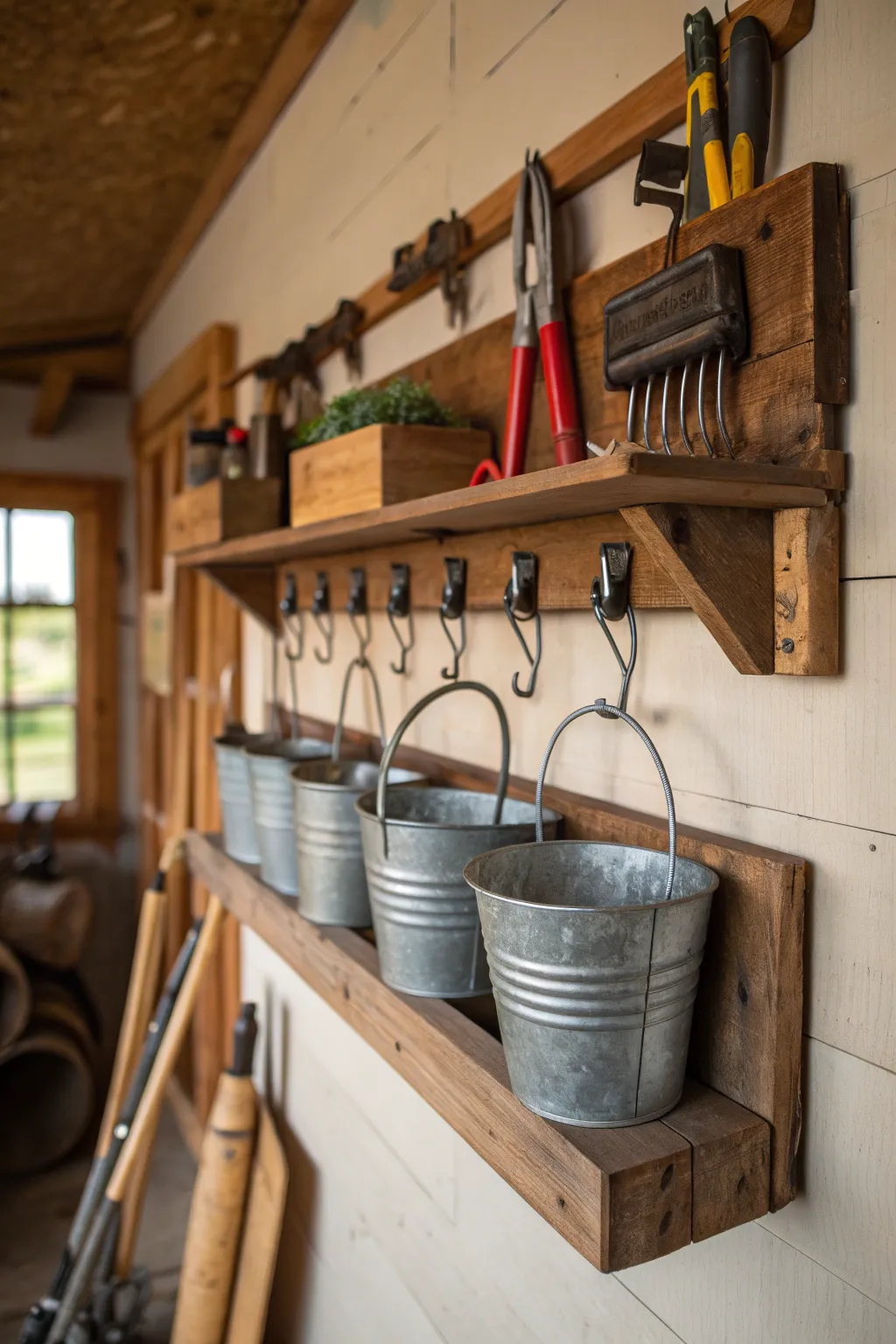 Elevate your garden tool organization with artisanal hanging baskets—craftsmanship meets practicality.