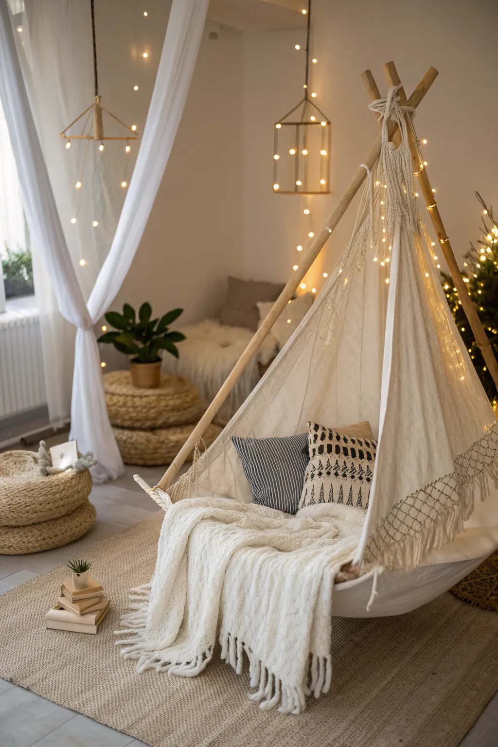 Transform your sleepover into a tranquil escape with a dreamy indoor hammock haven.