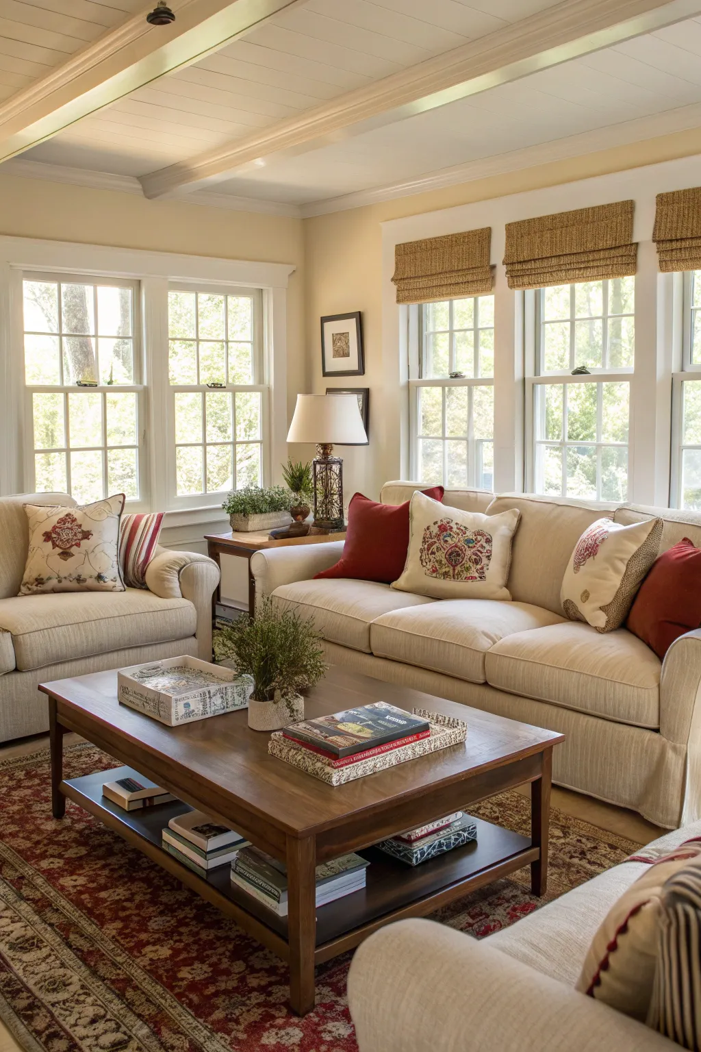 Low-profile furniture maintains openness in compact spaces.