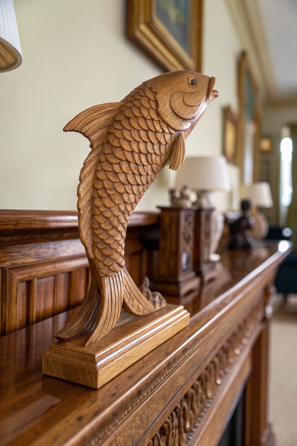 Masterful Craftsmanship: A Koi Fish Carved from Wood, Symbolizing Perseverance.