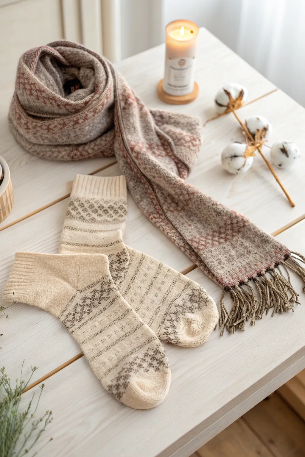 Gift with elegance: A cozy pair of socks wrapped in a chic scarf, perfect for a stylish surprise.