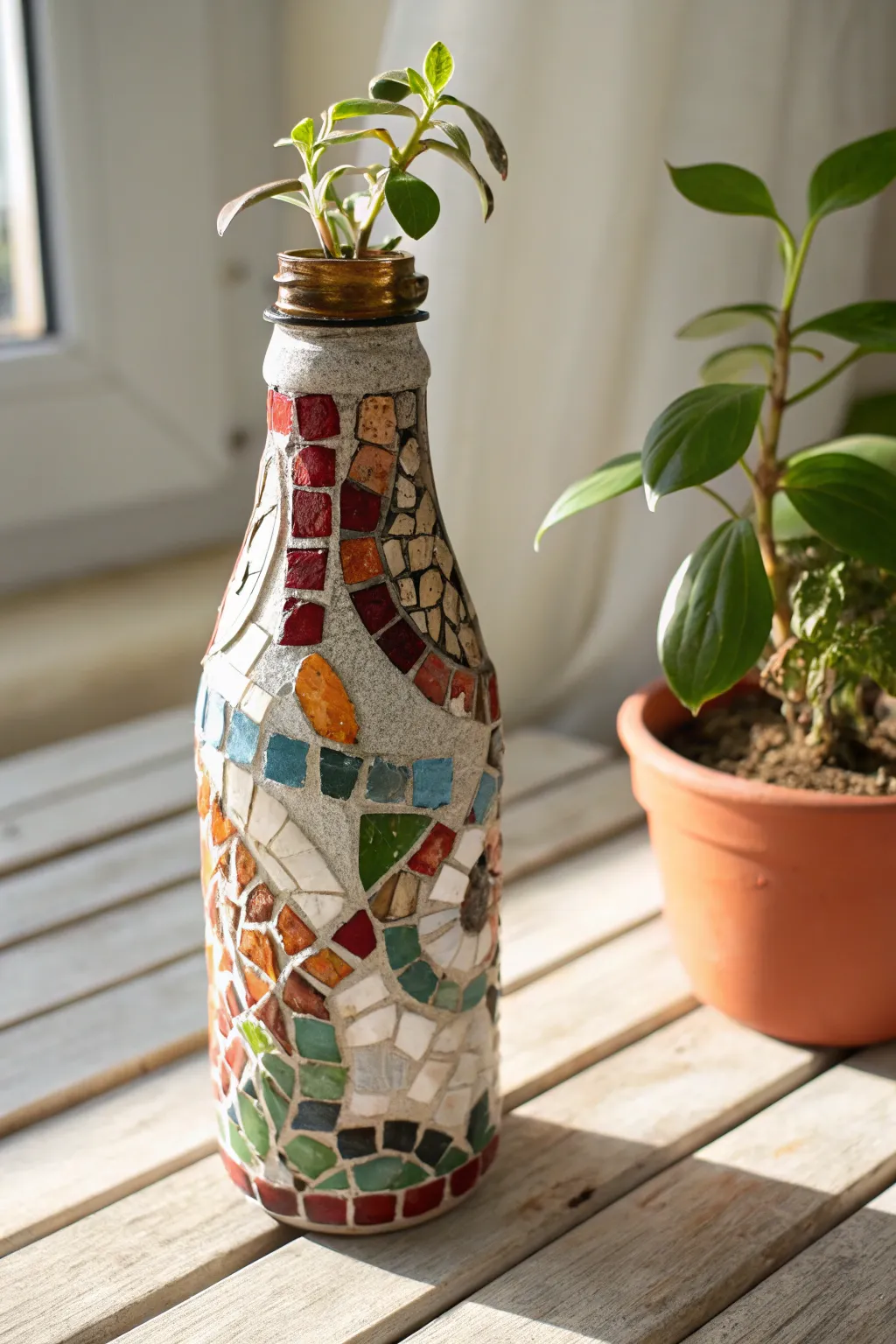Transform soda bottles into stunning mosaic planters for a touch of artistic elegance.