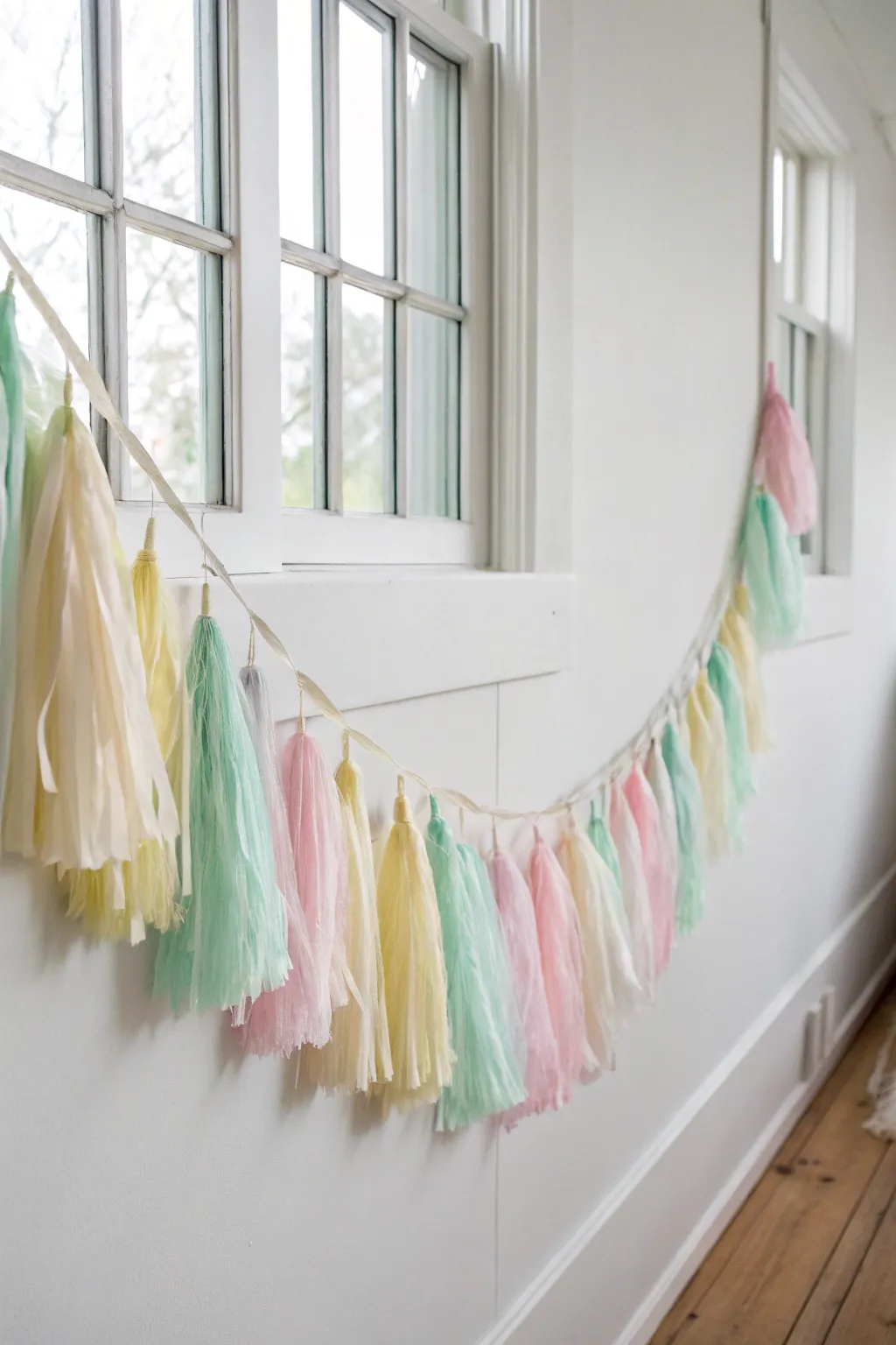 Elevate your space with a touch of spring elegance: a handcrafted tissue paper garland in soft pastel hues.