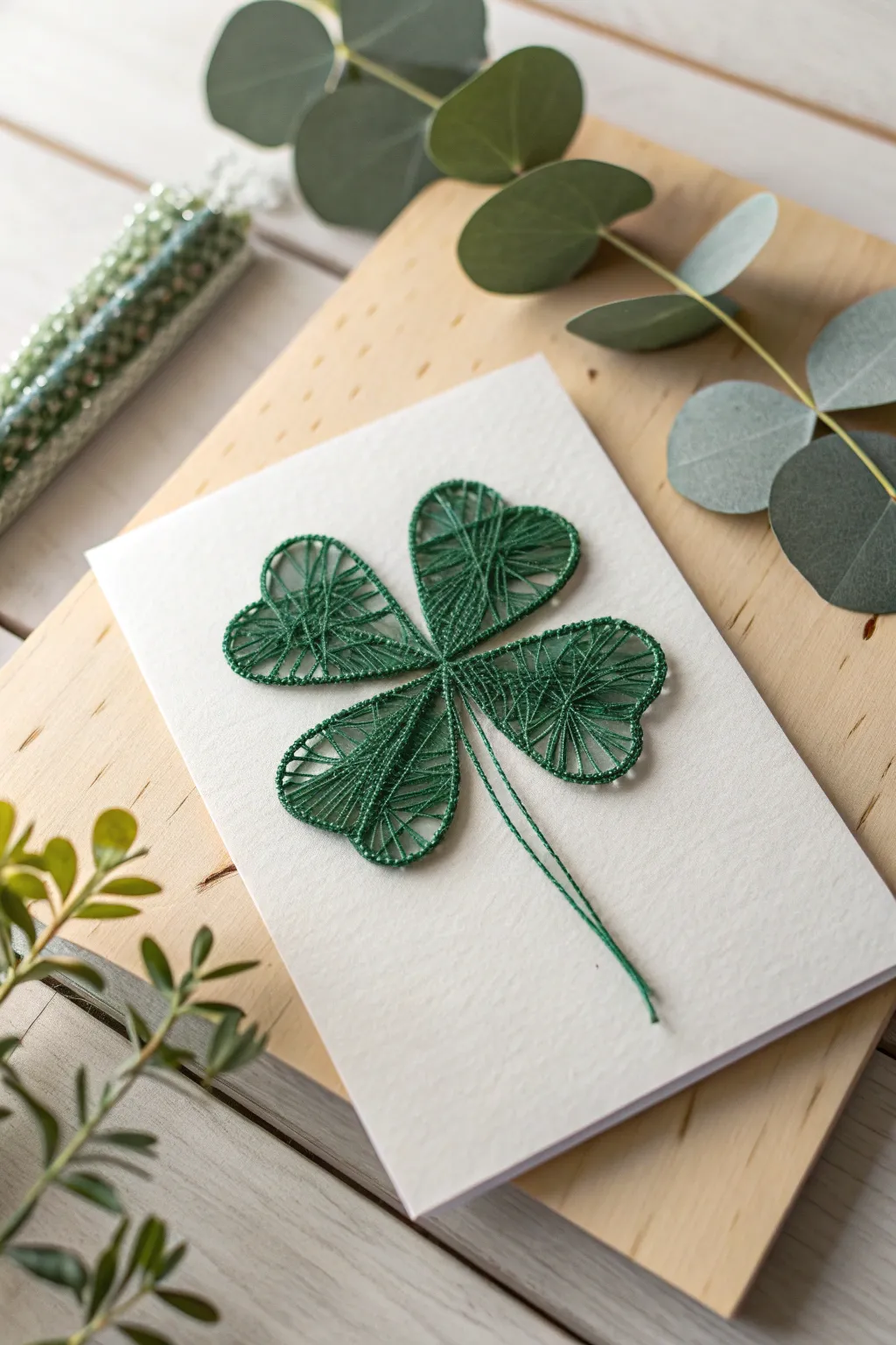 Embrace the art of simplicity with a stunning string art shamrock card for St. Patrick's Day.