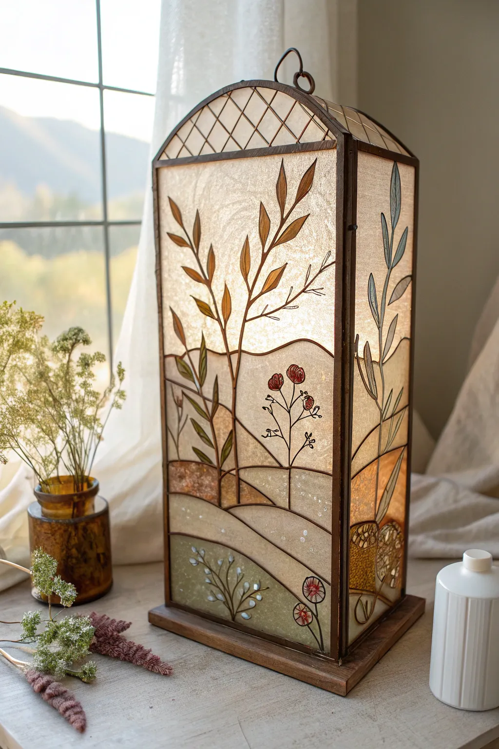 Embrace rustic elegance with earthy-toned stained glass art, perfect for a cozy farmhouse vibe.