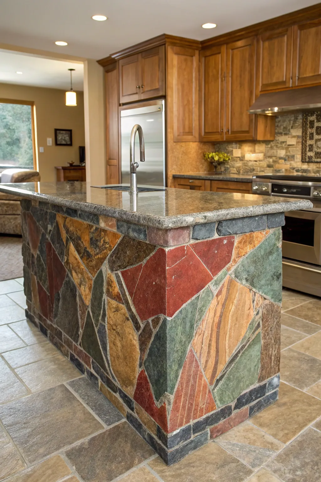 A bold stone kitchen island that serves as a statement piece.