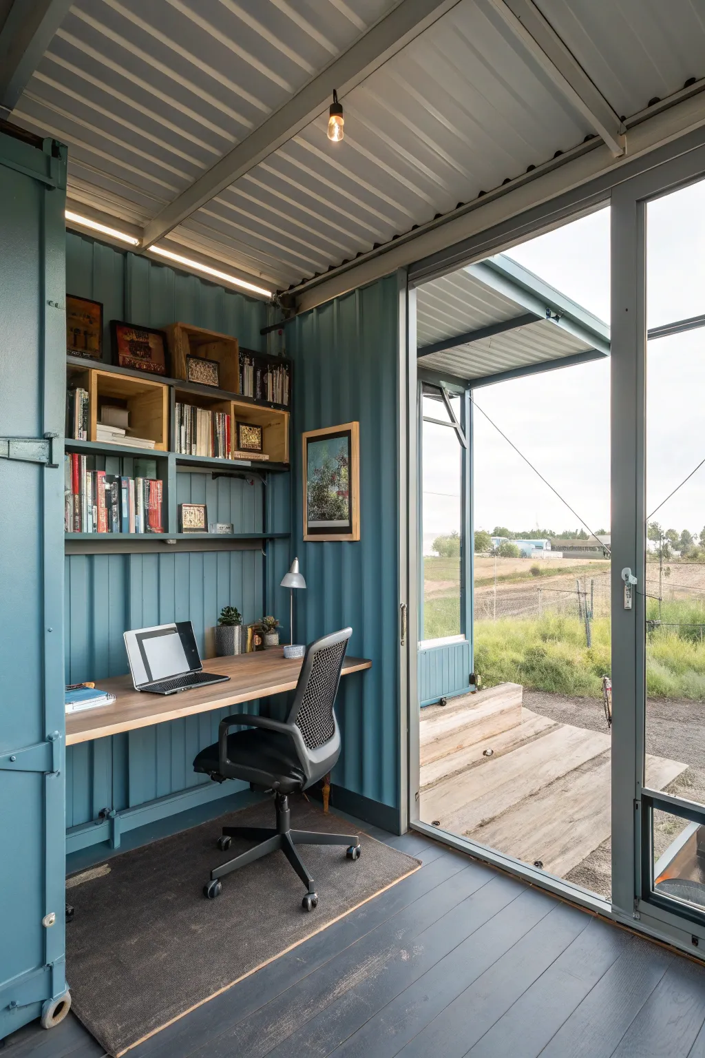 A shipping container providing a focused home office environment.