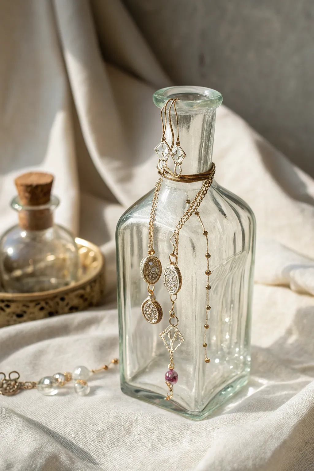 Transform your earring collection with a vintage twist using elegant glass bottles.