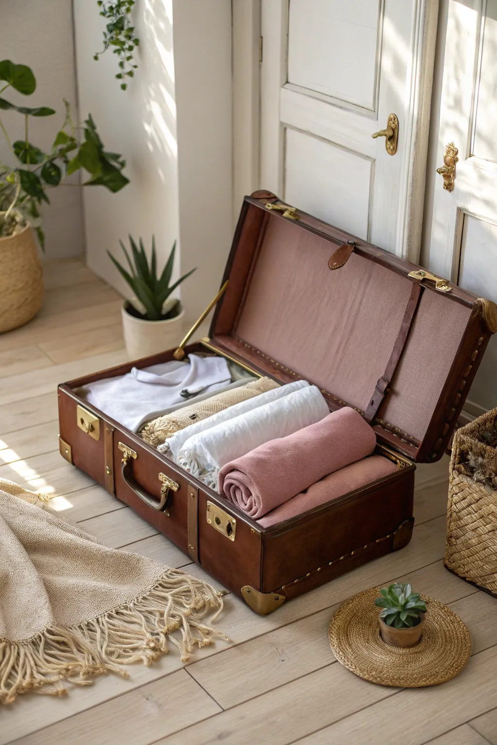 Embrace seasonal transitions with style – store your t-shirts in a vintage suitcase for a touch of timeless charm.