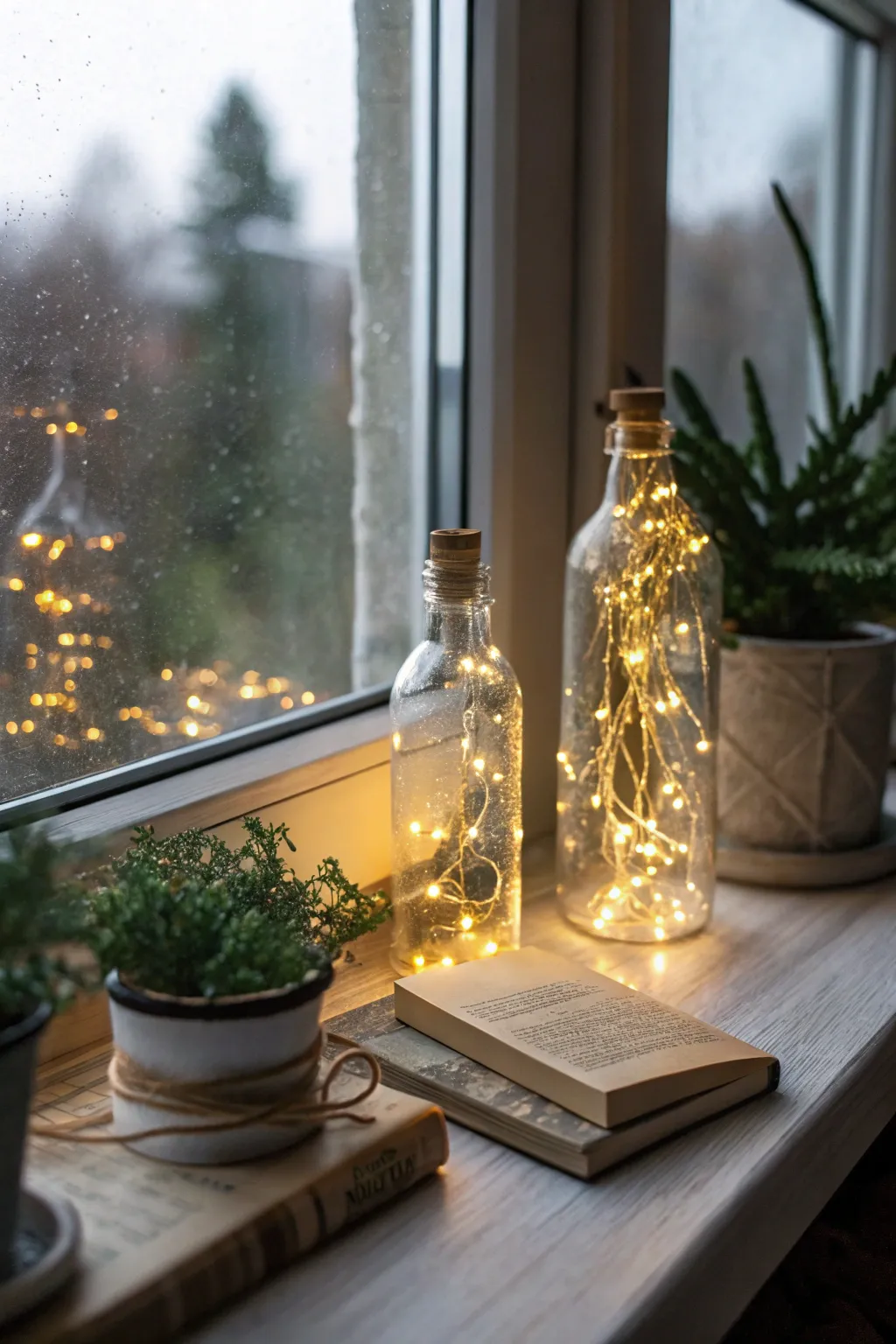 Fairy lights in glass bottles for an enchanting ambiance.
