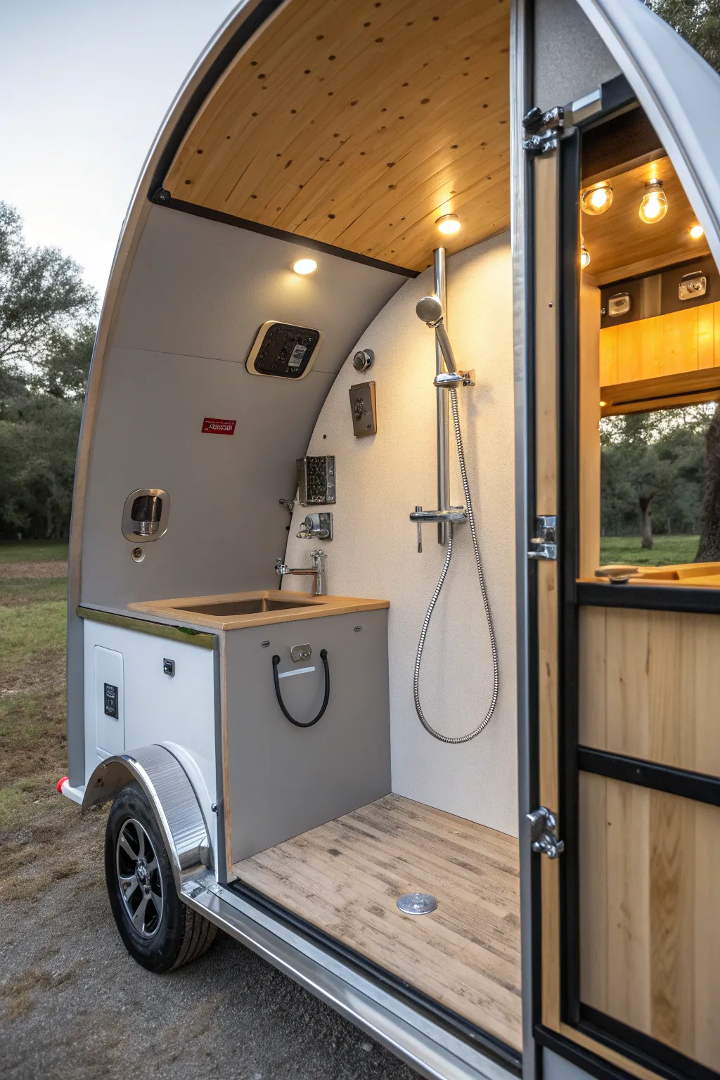 Elevate your outdoor experience with a stylish compact bathroom solution in your teardrop camper.