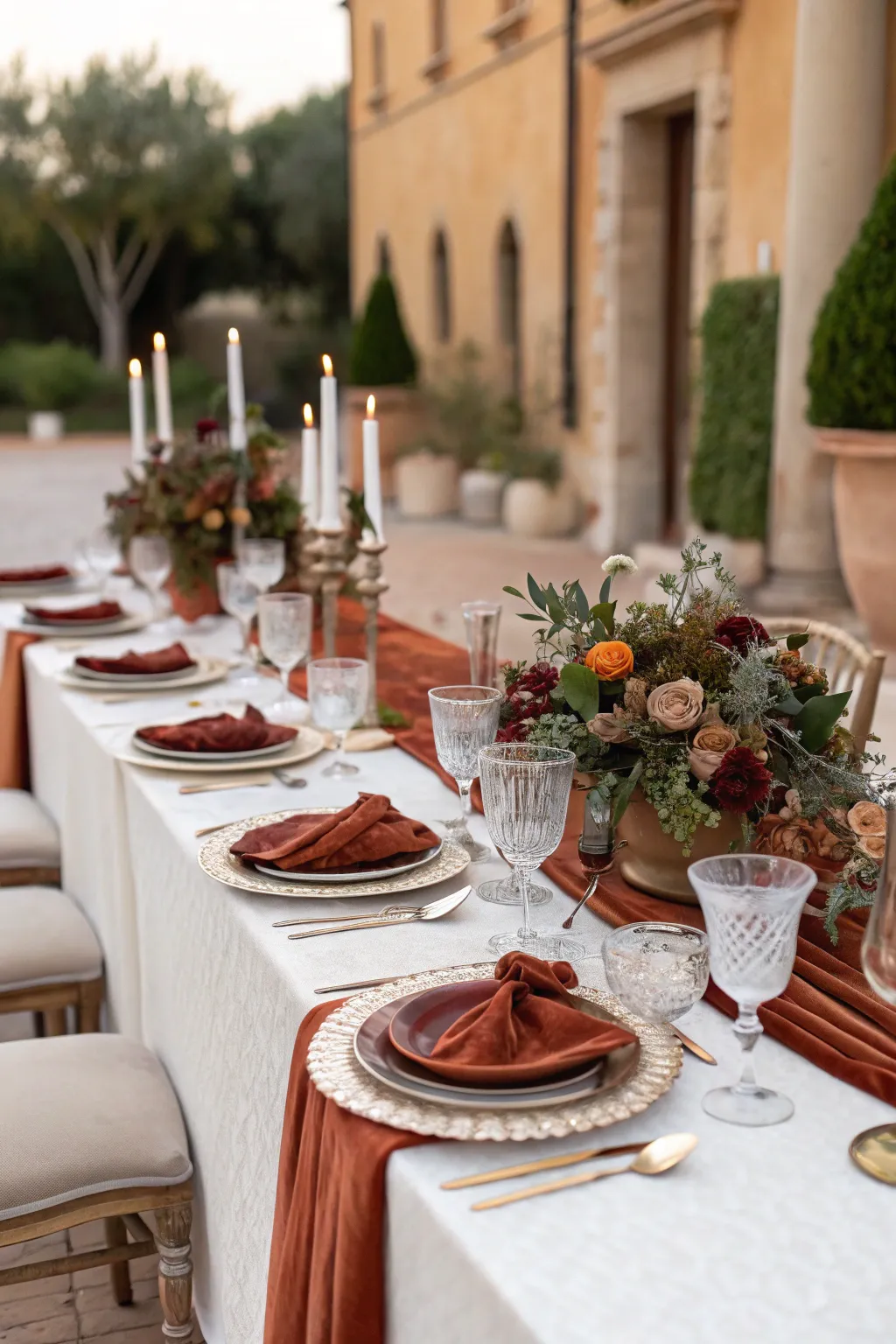 Terracotta and velvet create a luxurious and sophisticated ambiance.