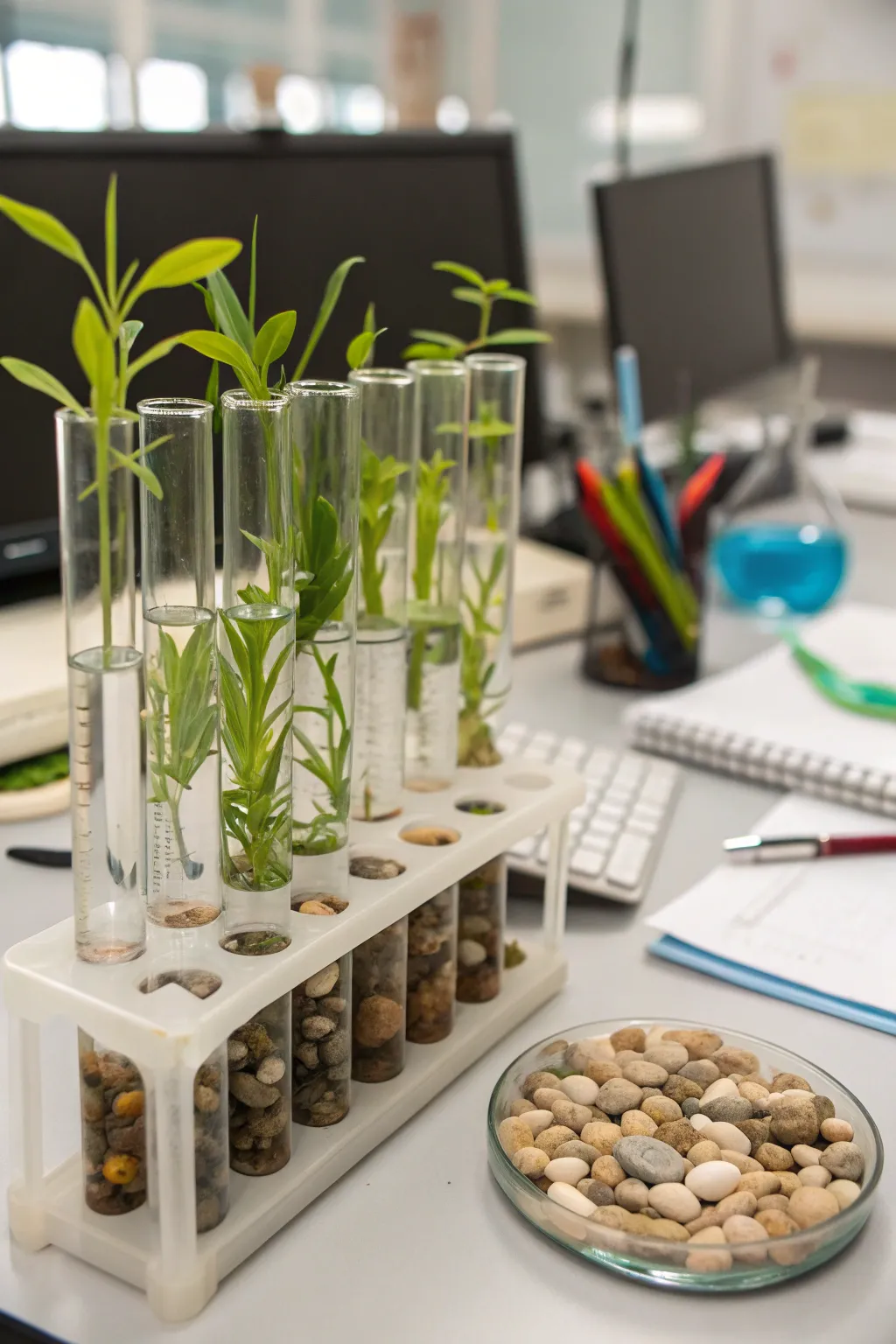 Test tube aquatic mini-worlds bring a serene natural element to workspaces.