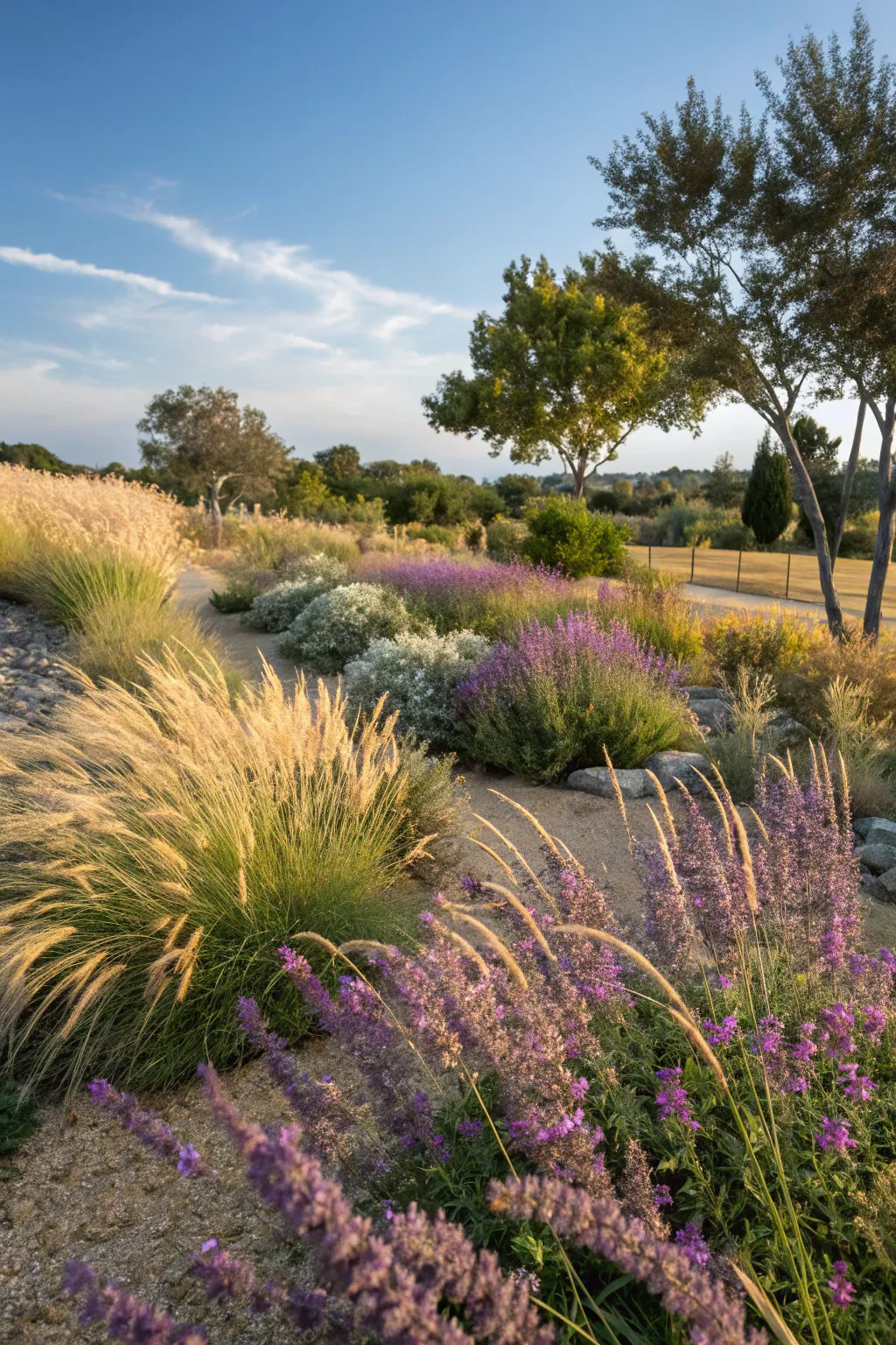 A dynamic garden with Texas sage and ornamental grasses.