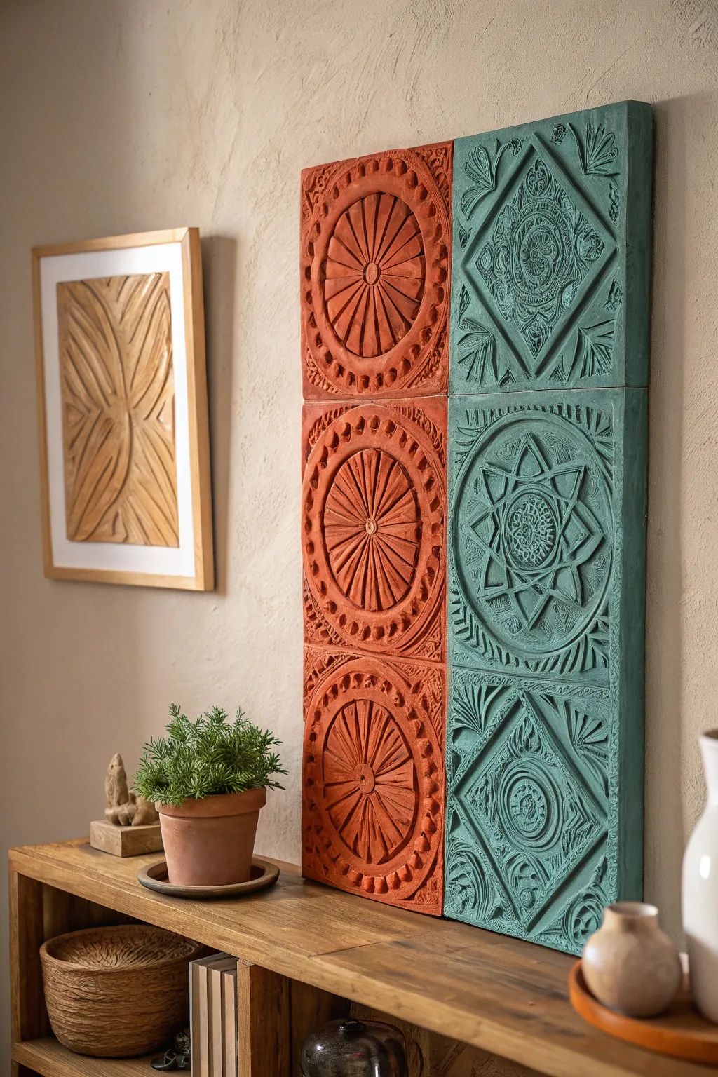 Discover the beauty of bold colors and rich textures in this stunning clay art panel. Perfect for a minimalist space with a touch of Boho charm.