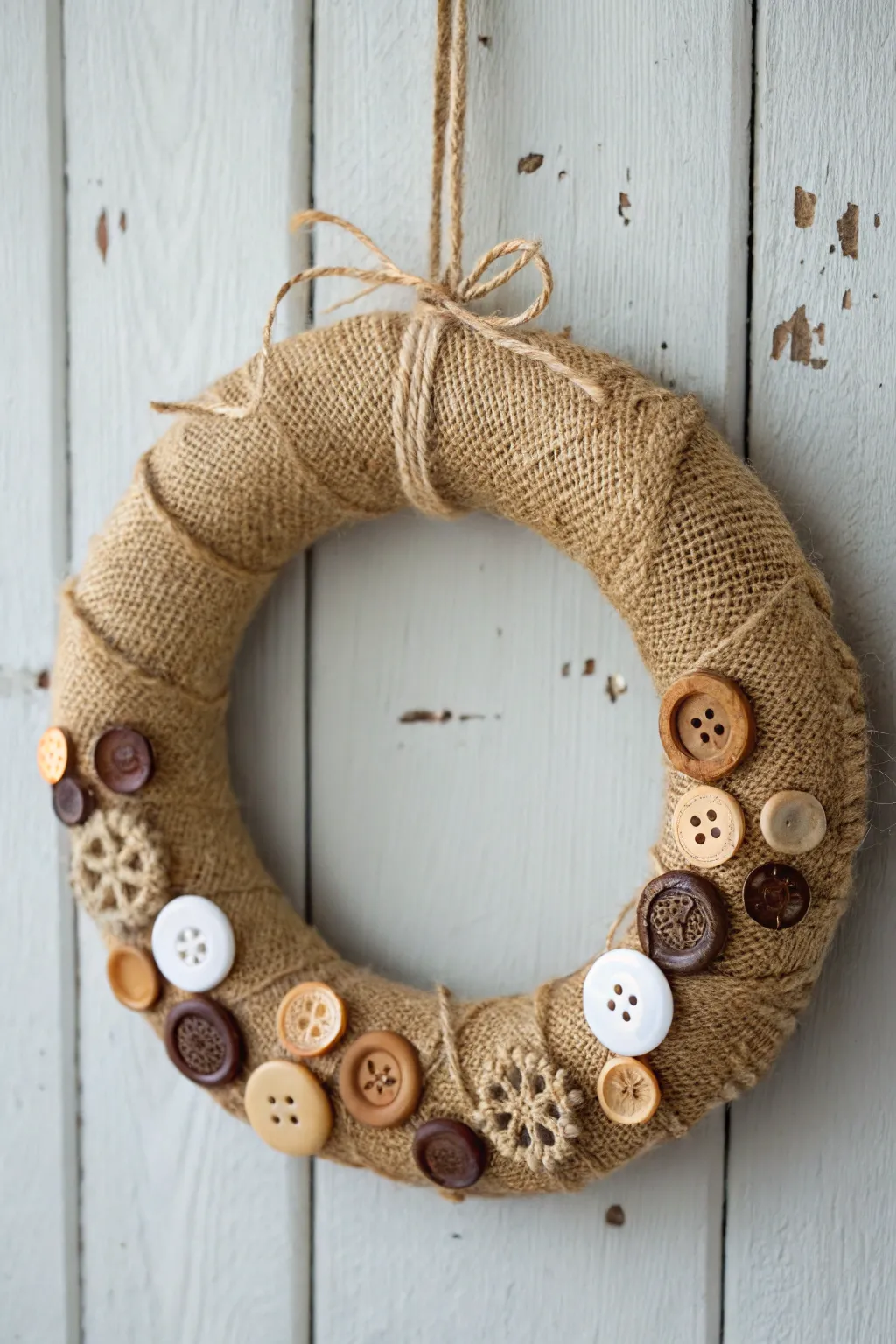 Embrace rustic elegance with this burlap and button Thanksgiving wreath, perfect for adding a touch of handcrafted charm to your home.