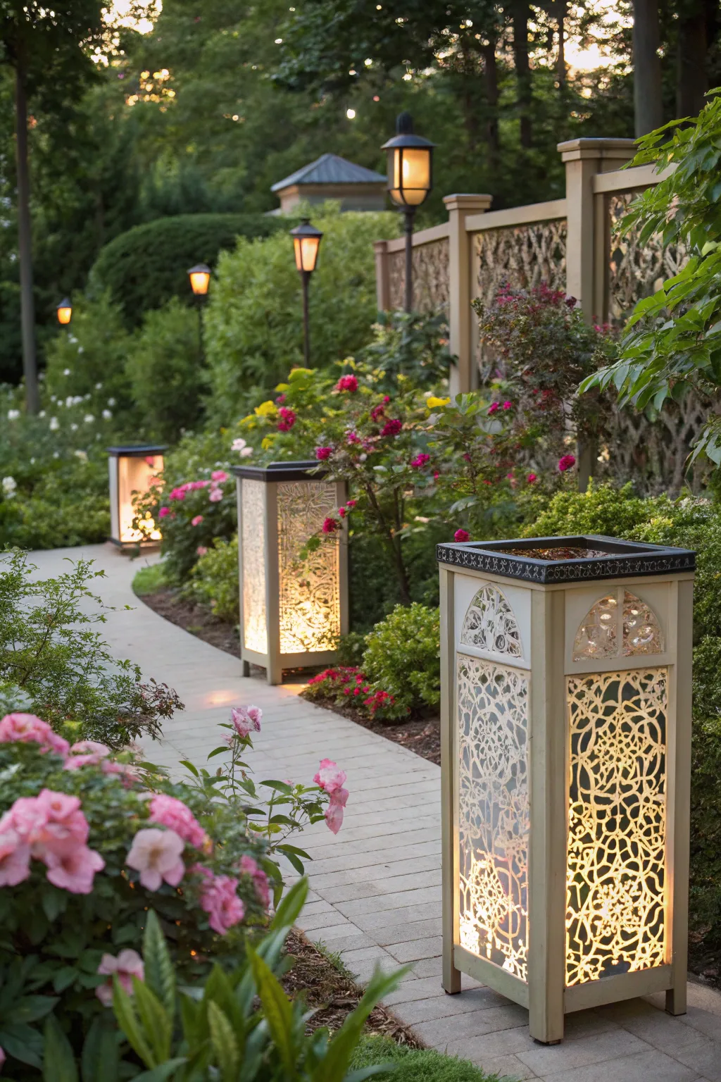 A garden using decorative screens to stylishly hide trash bins.