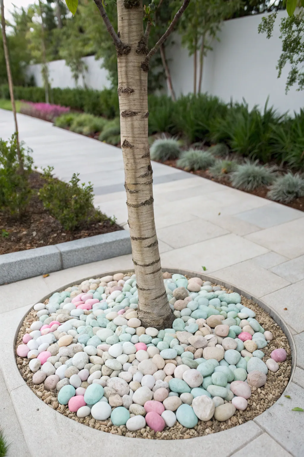Add a pop of color and artistry to your garden with a vibrant pebble ring around your tree!