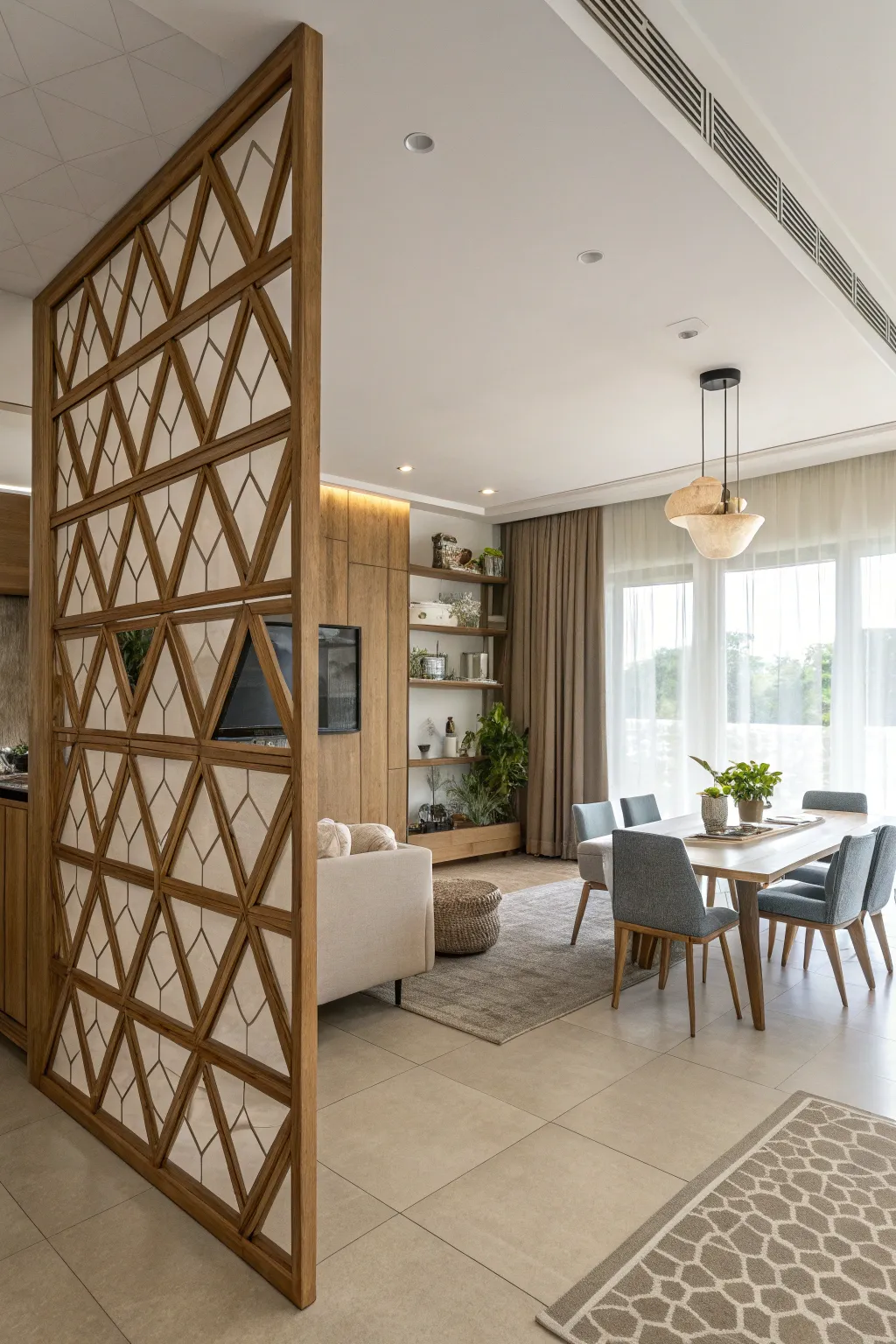 Triangle dividers provide structure while maintaining openness.