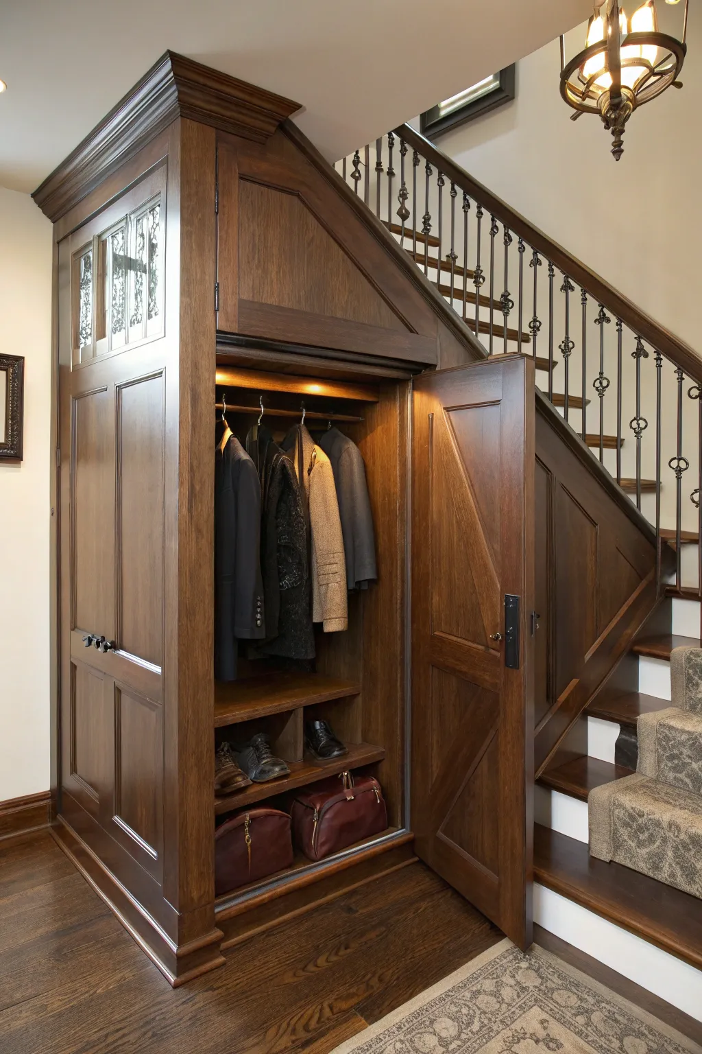 Transform unused space into a hidden gem with this under-stair coat closet—a perfect blend of style and practicality for the modern craftsman.