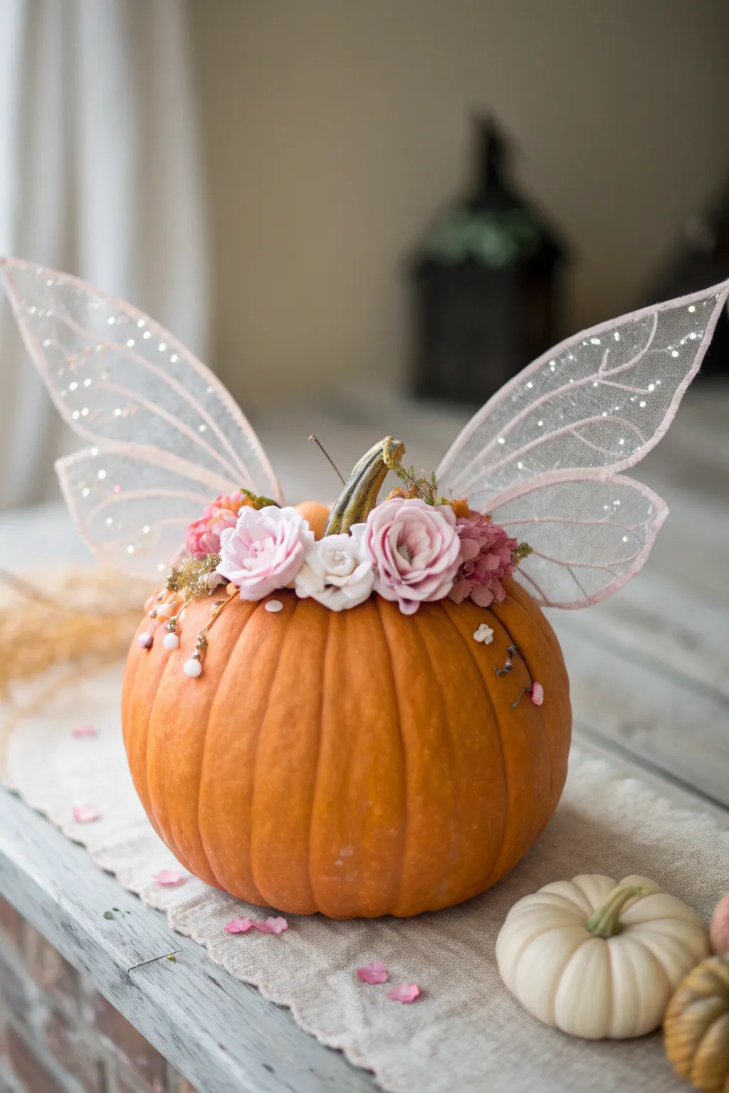 Embrace the magic of autumn with this enchanting fairy pumpkin, complete with delicate wings and a floral crown.