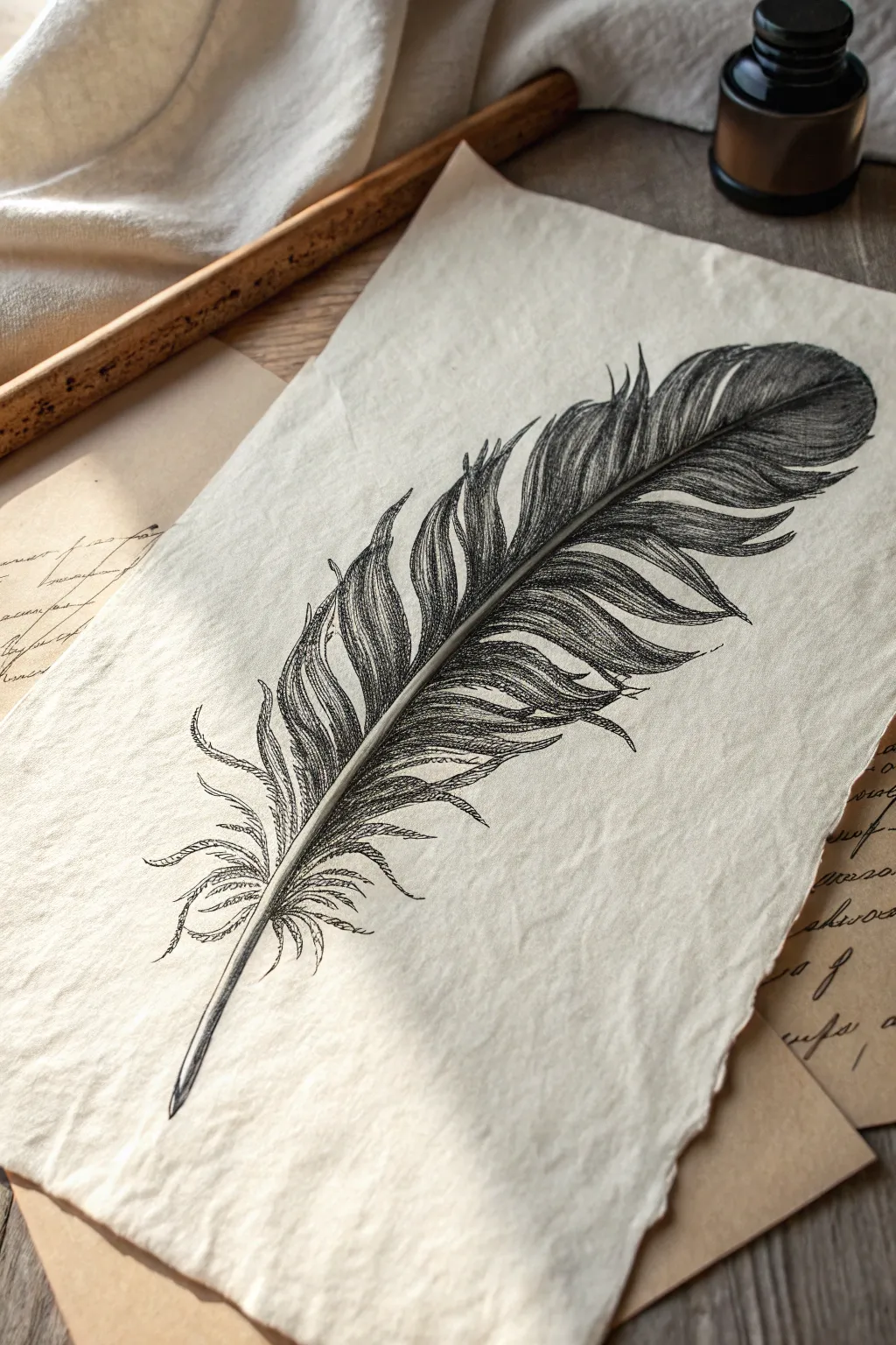 Embrace the elegance of simplicity with this stunning black and white feather drawing.