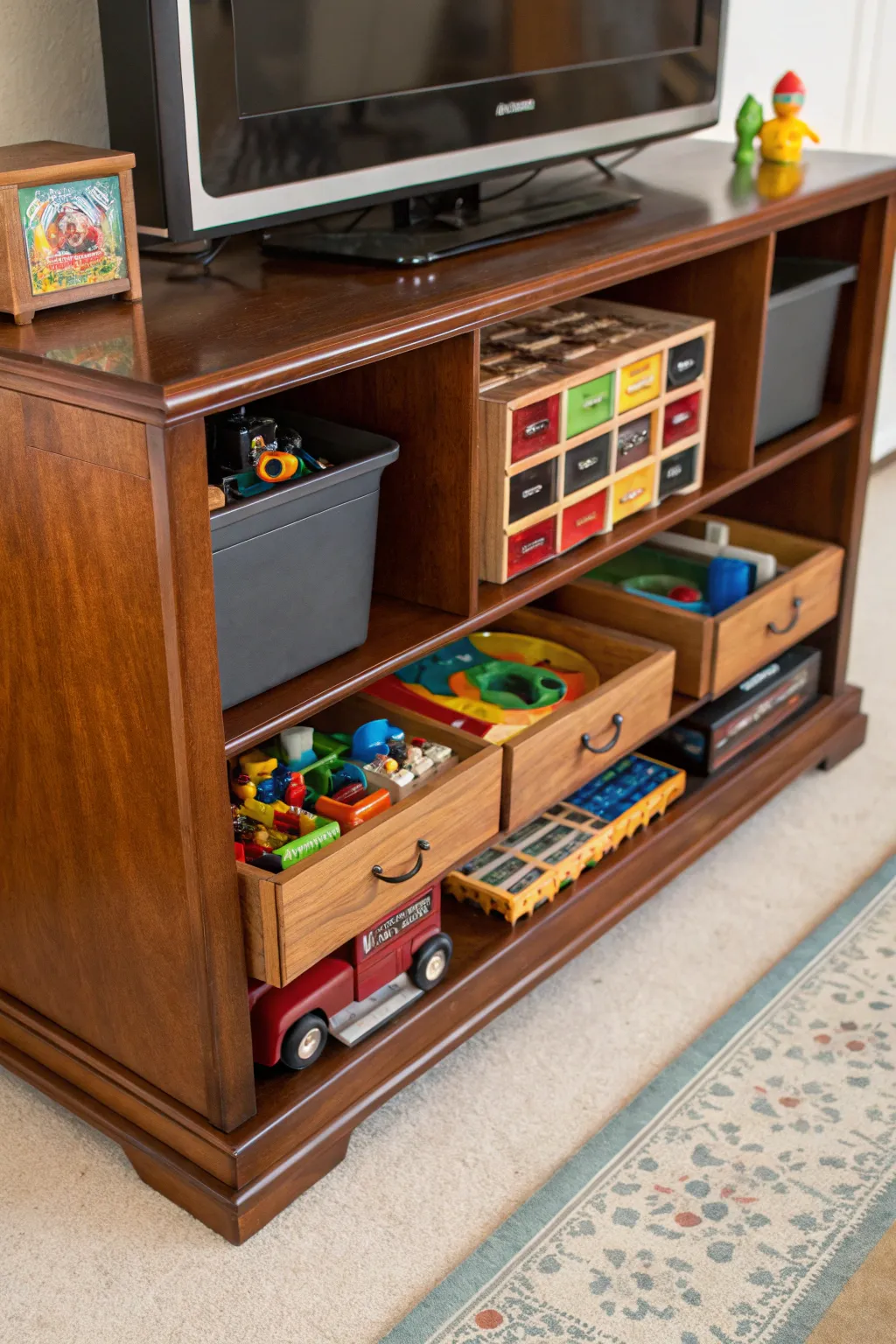 Transform your old TV cabinet into a stylish and functional toy storage masterpiece.
