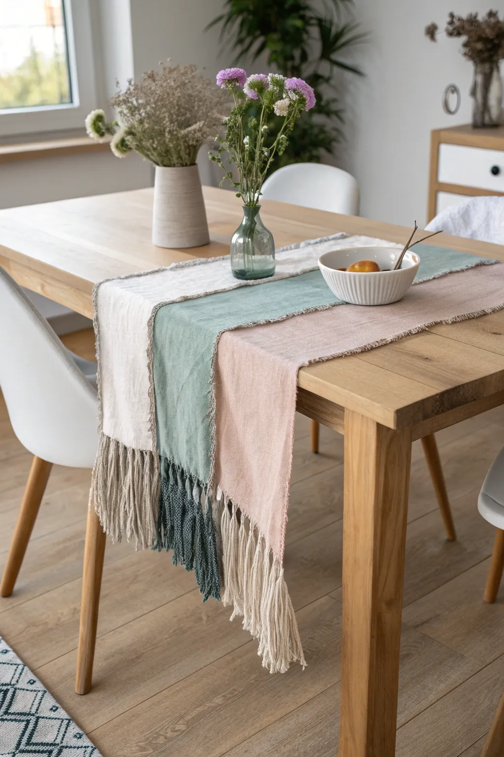 Transform your dining space with a touch of boho elegance using an upcycled fringed table runner.
