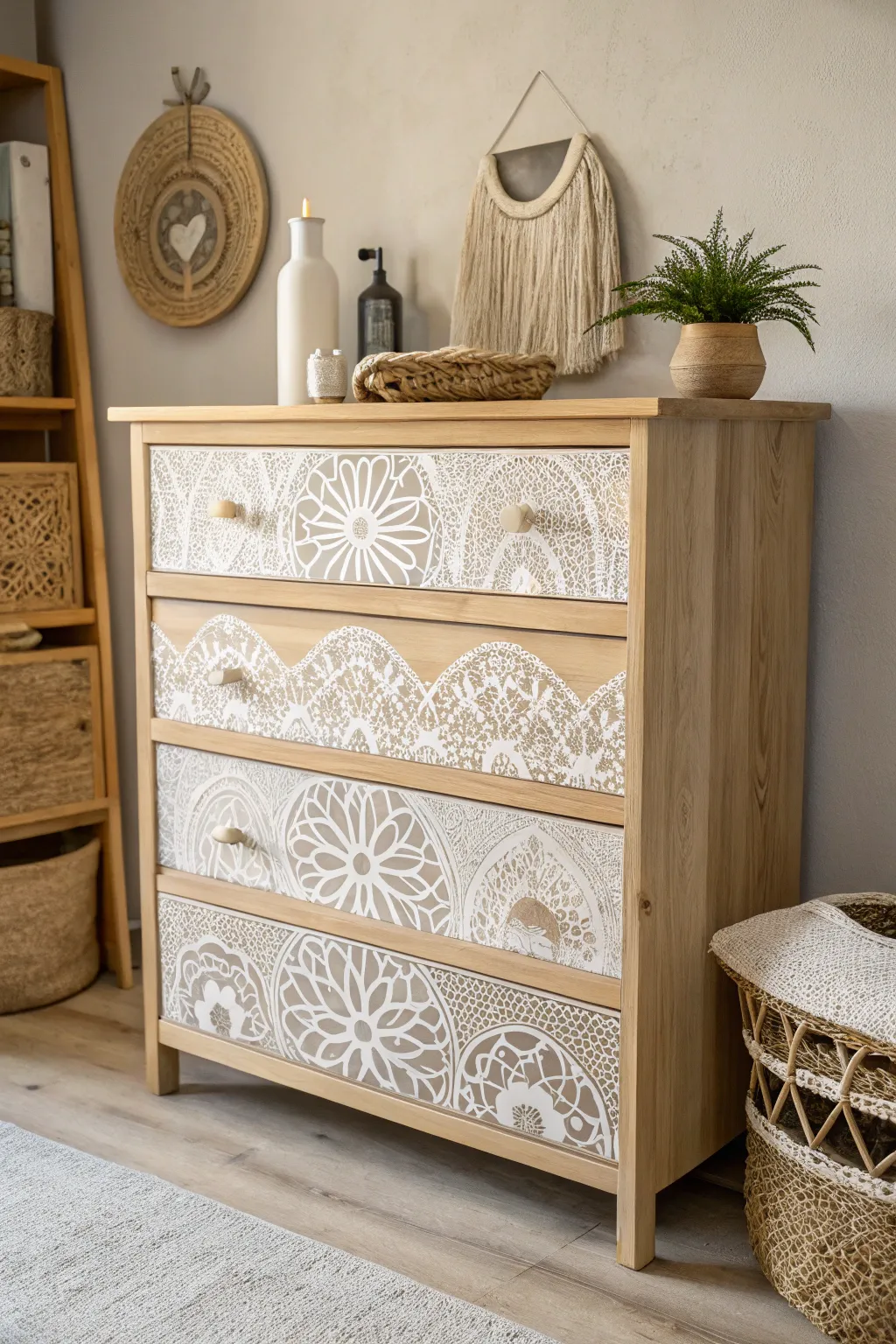 Transform your dresser with a touch of elegance and artistry using intricate lace stencil patterns.