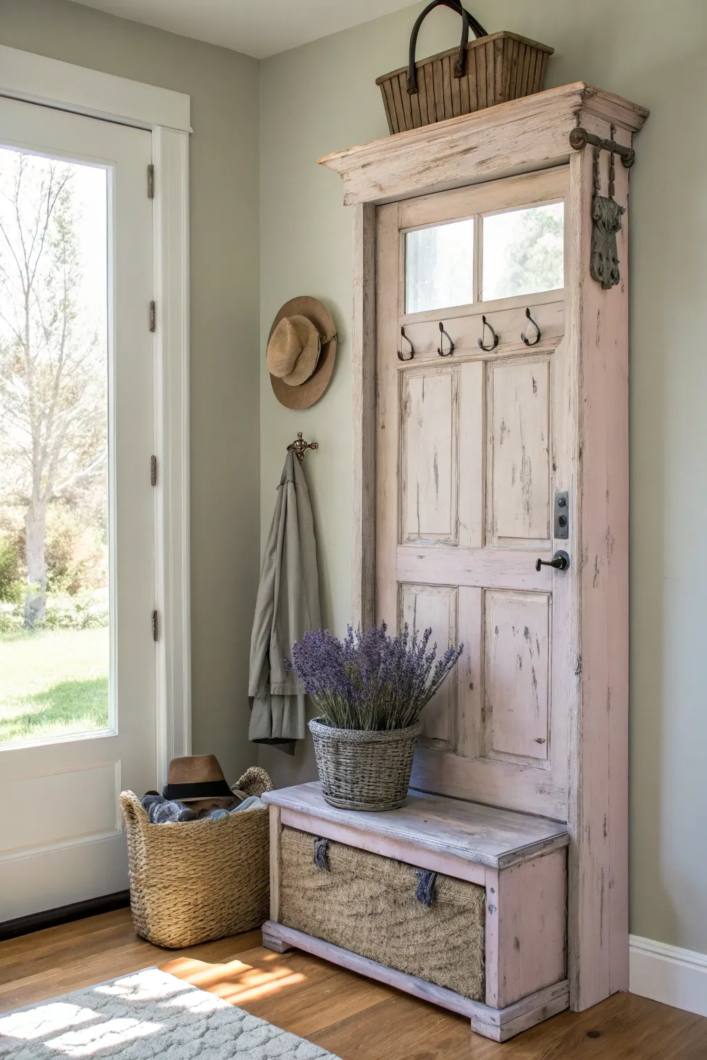 Embrace the charm of upcycling with this elegant old door hall tree, where simplicity meets natural beauty.