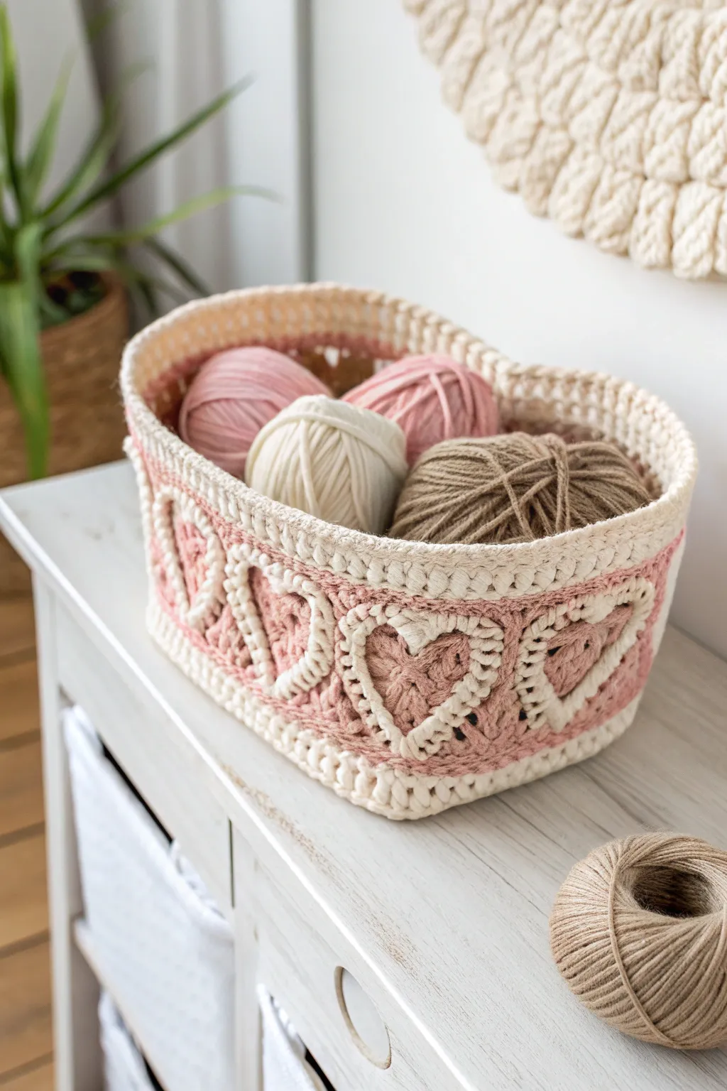 Organize with love: This charming crochet heart basket adds a touch of warmth and elegance to your crafting nook.