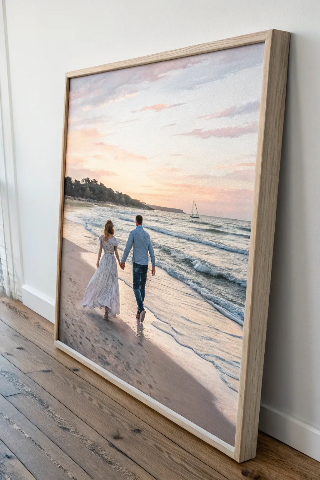 Embrace the tranquility of love with this romantic seascape painting, perfect for adding a touch of minimalist elegance to your space.