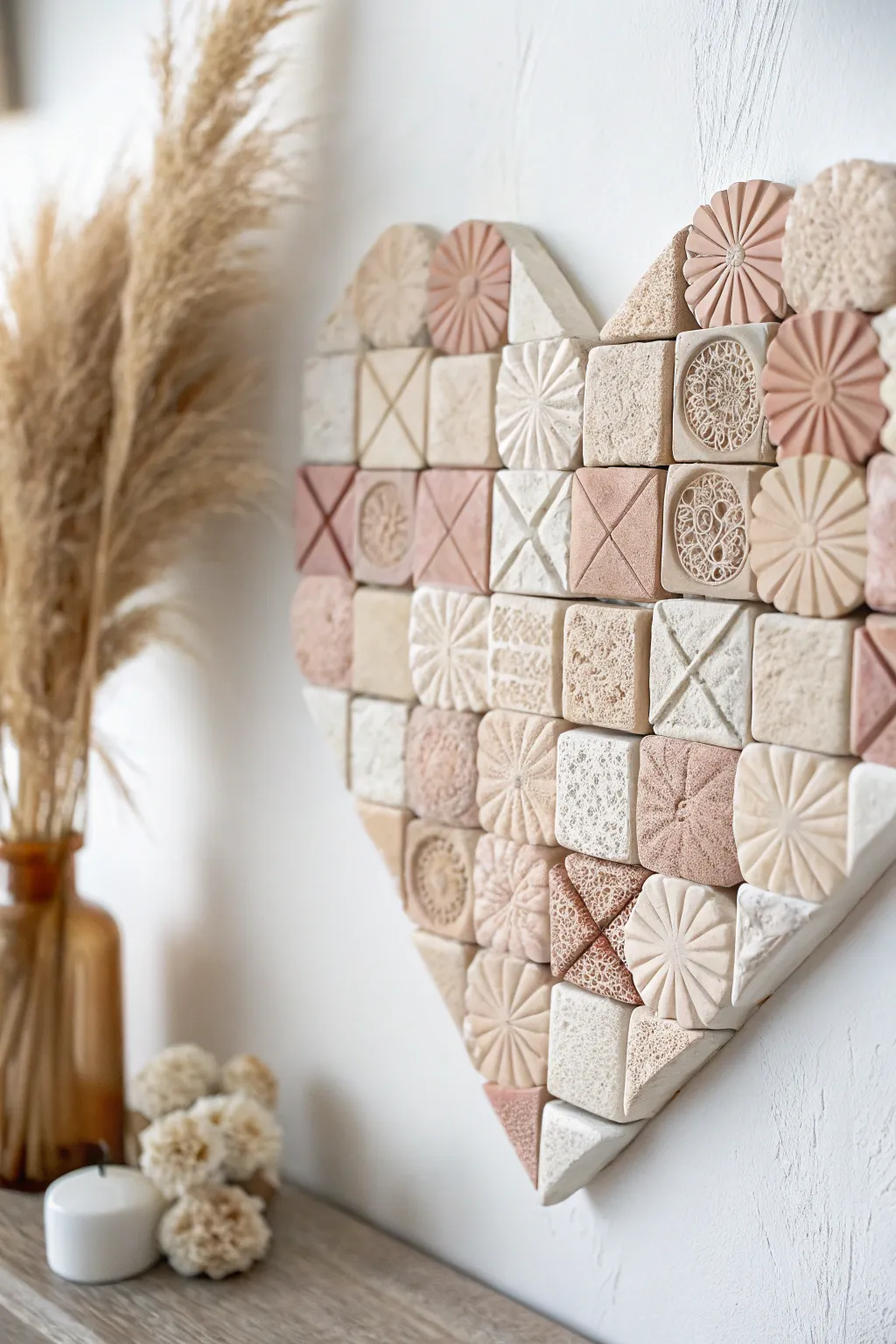 Celebrate love with handcrafted clay wall art, where simplicity meets elegance in every tile.