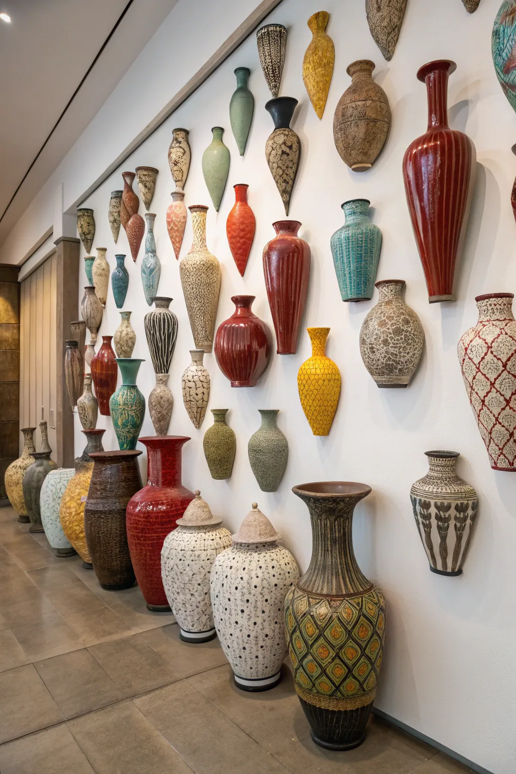 A bold wall installation turns vases into unique art pieces.