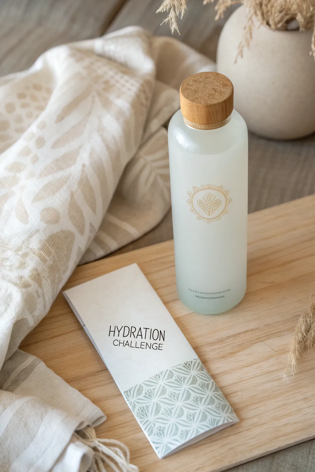 Embrace simplicity and inspire healthy habits with our artisanal water bottle and hydration challenge card. #HydrationGoals #MinimalistBeauty