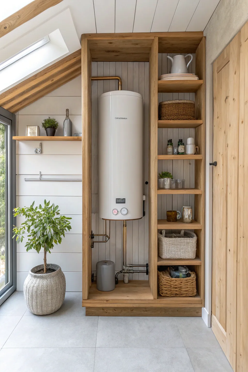 Built-in shelving provides extra storage while cleverly hiding your water heater.